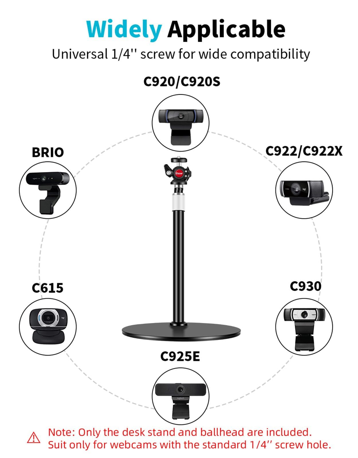 Pied de Webcam pour Bureau de Table Ajustable, pour Logitech C922 C930e C920 C615 C960 C920x BRIO 4K NexiGo N60 Téléphone GoPro, avec Filetage 1/4", pour Le Streaming en Direct