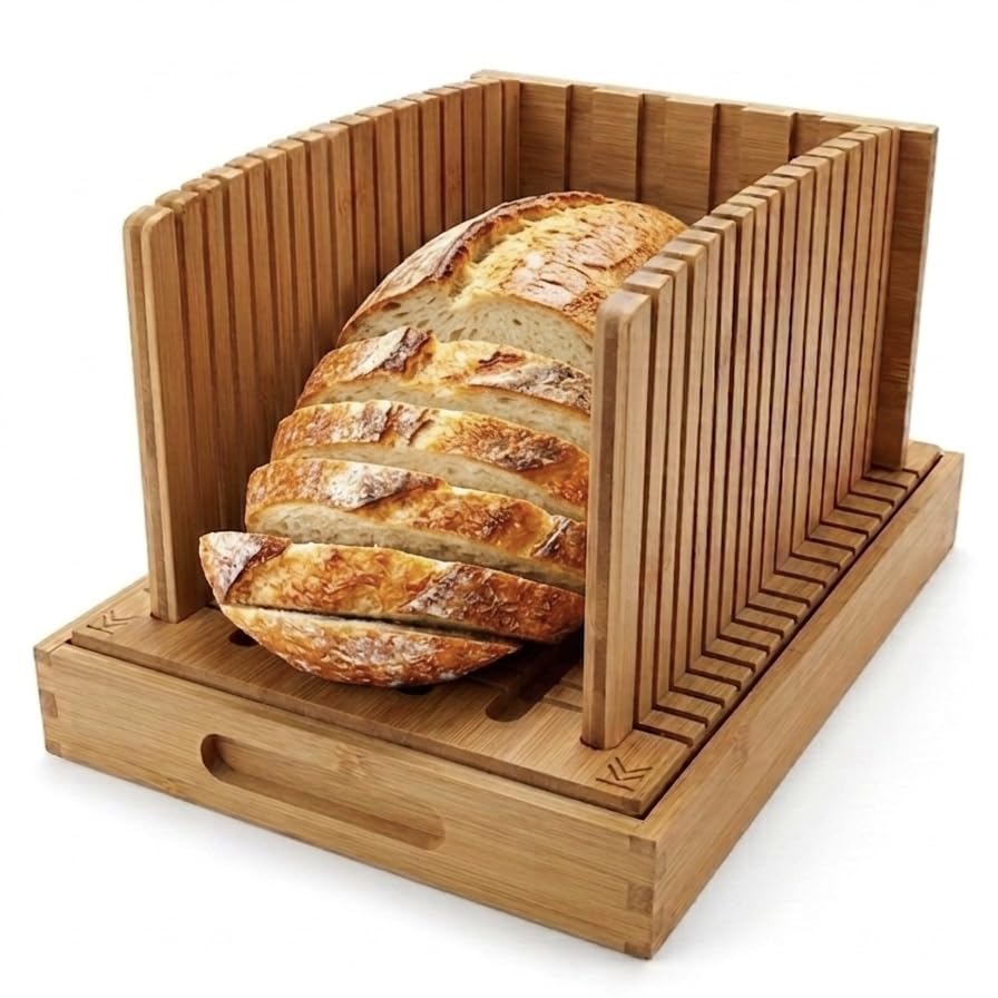 Bread Slicer For Homemade Bread - Fir and Favour Upgraded Adjustable Bamboo Bread Cutter Board - Compact Slicing Guide With Crumb/Serving Tray