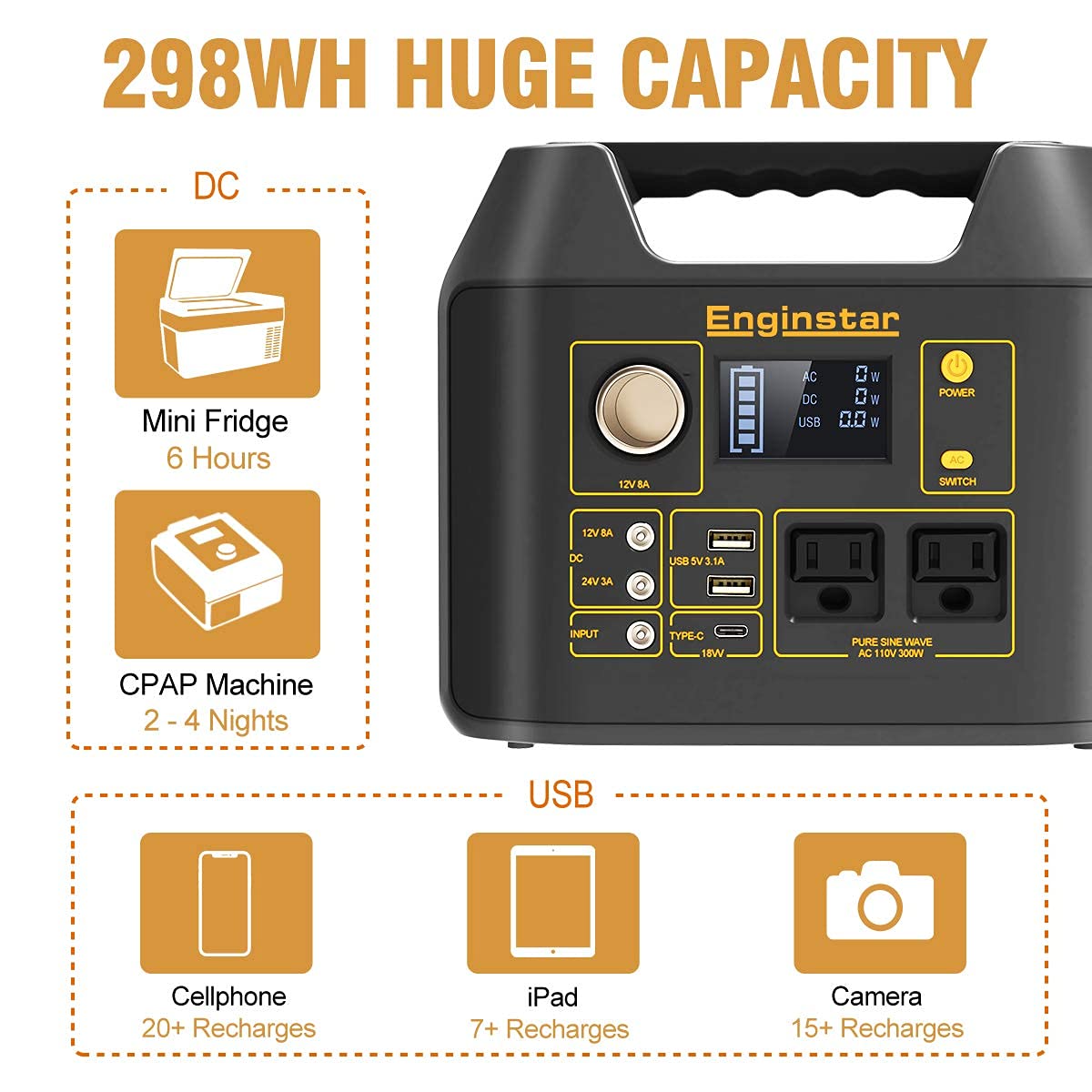 EnginStar Portable Power Station, 300W 298Wh Power Bank with Pure Sine