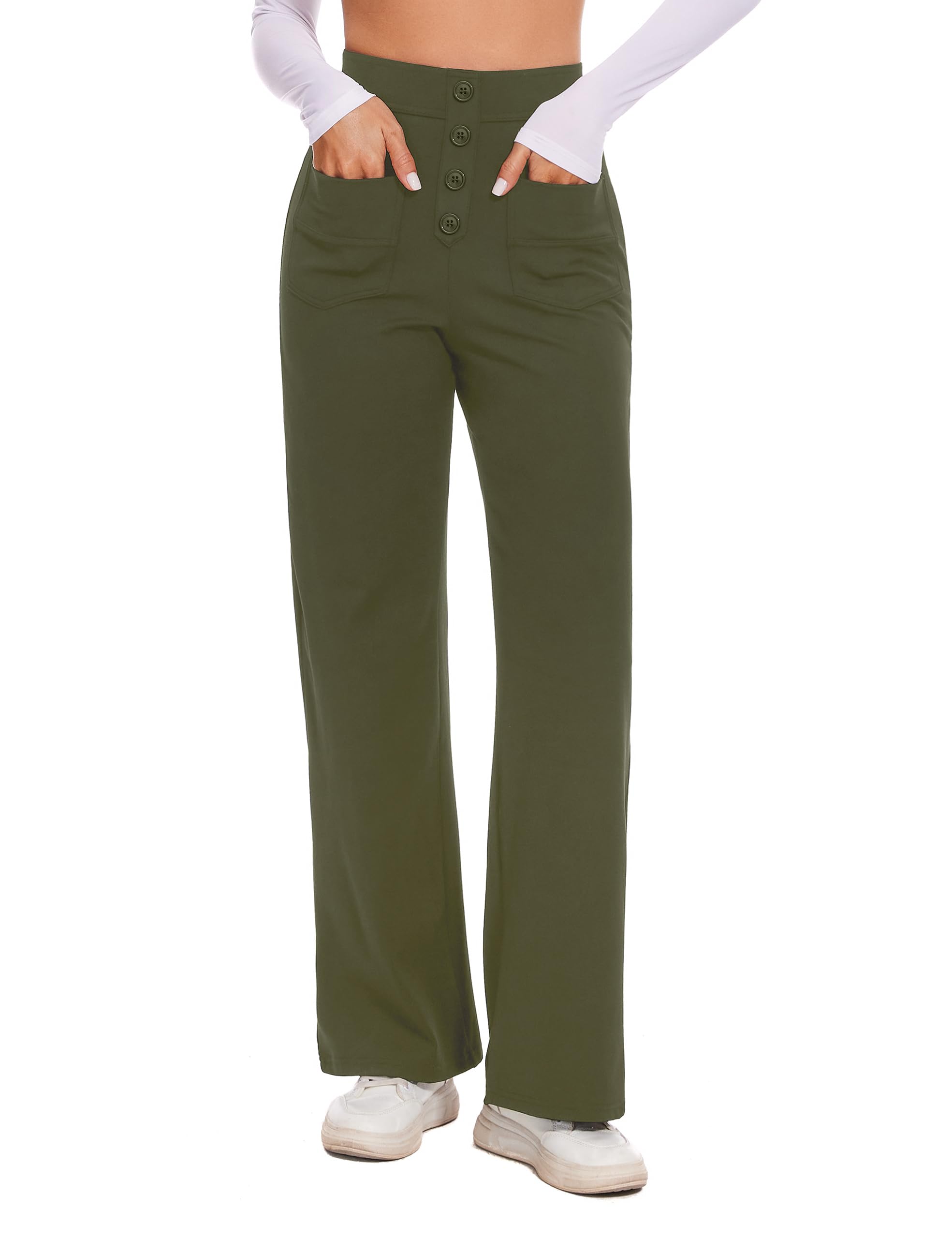 Desol Stoffhose Damen Weites Bein, Hoher Taille Business Hose Damen, Knopfleiste, Dehnbare Palazzo Hose mit Mehreren Taschen