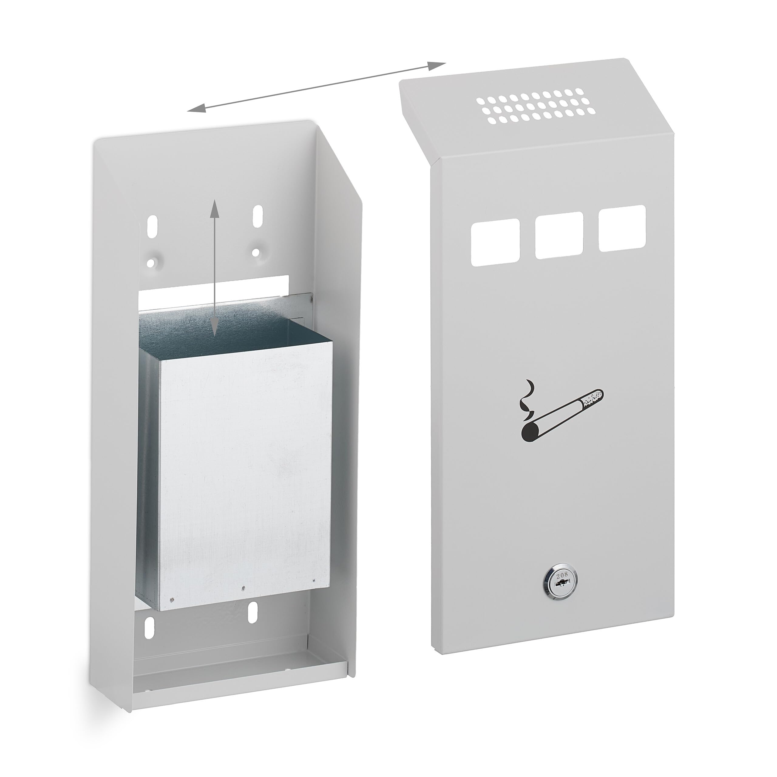 Relaxdays Posacenere da Muro per Esterno con Chiave, Contenitore Rimovibile, 32,5 cm, Bianco