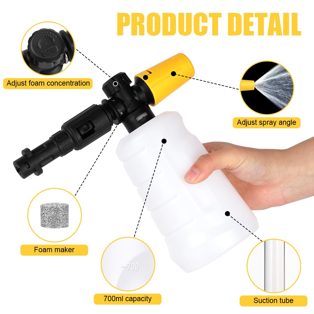 HOTUT Lance à Mousse Neige pour Nettoyeur Haute Pression, 700ml Canon à Mousse, Distributeur de Savon Epais, avec Buse de Pulvérisation Réglable,pour Karcher K Series K2 K3 K4 K5 K6 K7