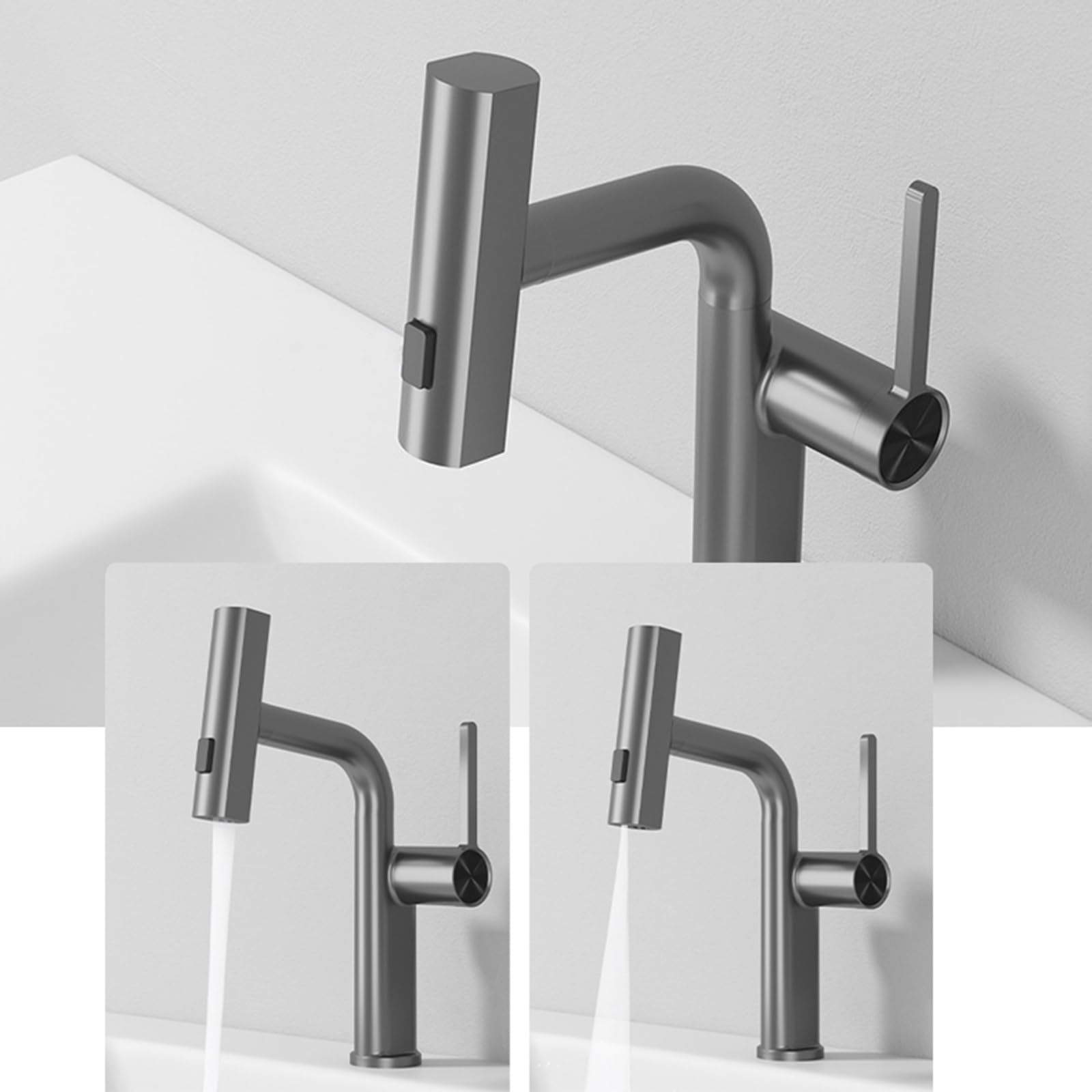Generico Rubinetto da Bagno Rubinetto per Lavabo Cascata Estraibile Miscelatore per Lavabo A 2 modalità Miscelatore Monocomando per Lavabo Grigio Canna di Fucile