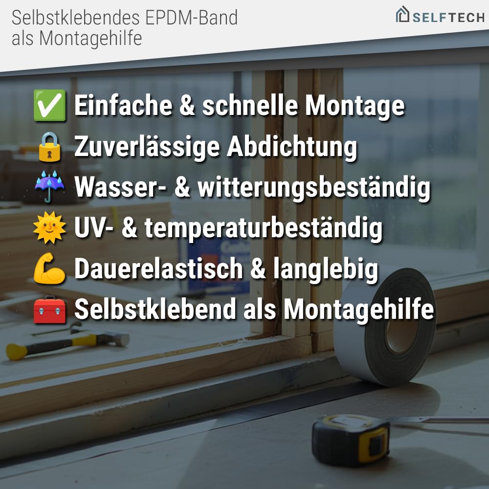Selbstklebendes EPDM Fugenband als Montagehilfe - schwarzes Dichtungsband für Fassadenprofile | Stärke 0,8mm / Länge 25m (60mm)