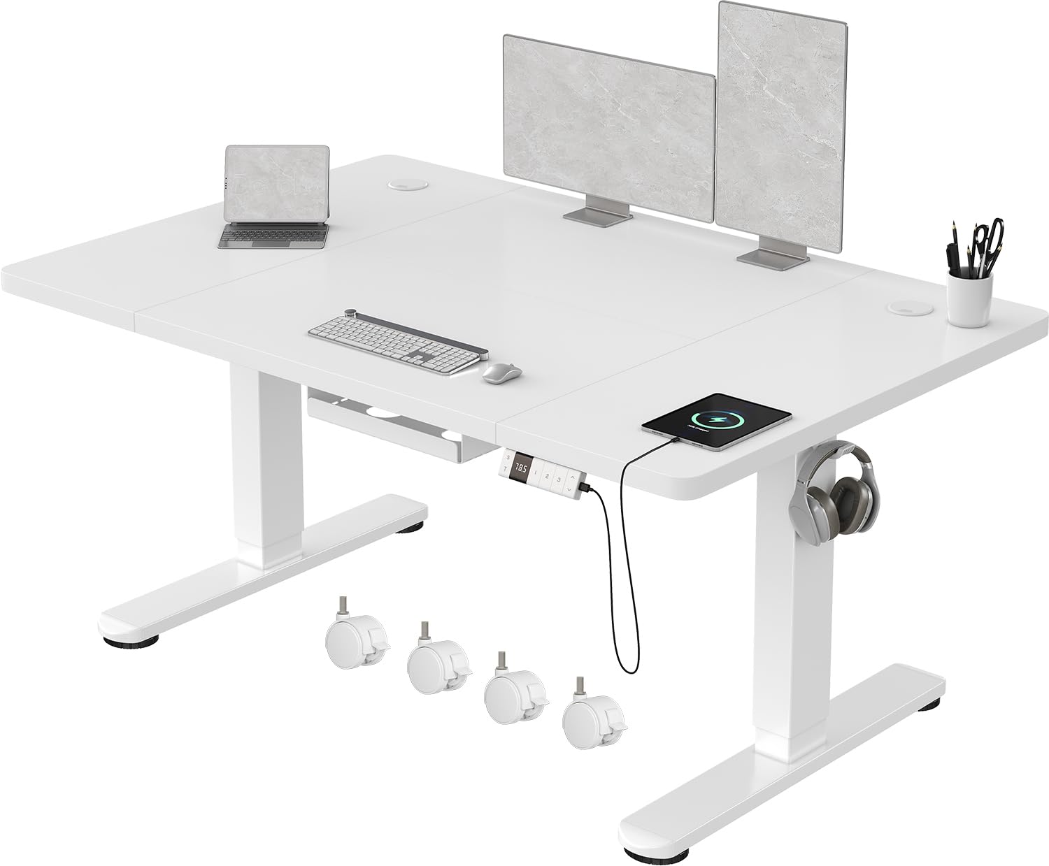 Devoko Escritorio Elevable 120x80cm con Tablero de 18 mm, Ruedas y Puerto Type-C, Escritorio Eléctrico, Regulable en Altura con Bandeja de Gestión de Cables (Blanco)