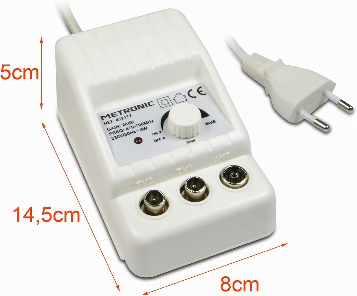 Metronic 332187 Amplificateur TV FM/VHF/UHF numérique terrestre avec Filtre 5G 2x24dB réglable, 1 entrée/2 Sorties, intérieur, 47/694MHz, Blanc