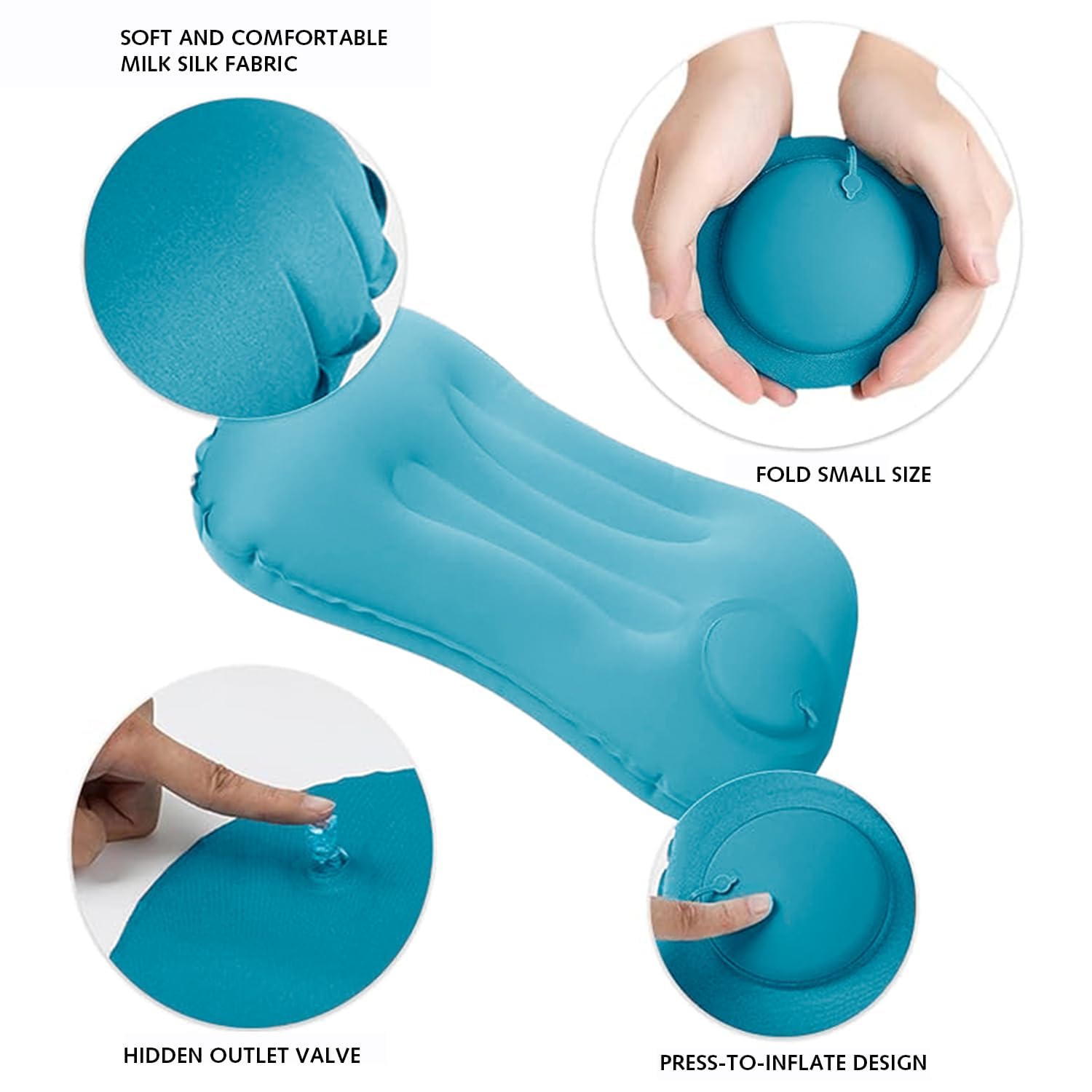 Cojín inflable de camping, almohada de viaje inflable para el cuello, almohada de playa ultraligera con bolsillos de almacenamiento, máscaras para dormir y tapones para los oídos, cojines inflables
