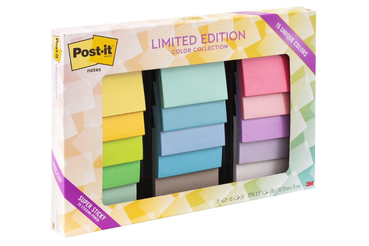 Post-it Notes Limited Edition Super Sticky Color Collection, 3x3 in, 15 Pads/Pack, 45 Sheets/Pad, Assorted colors (654-15SSHOL)