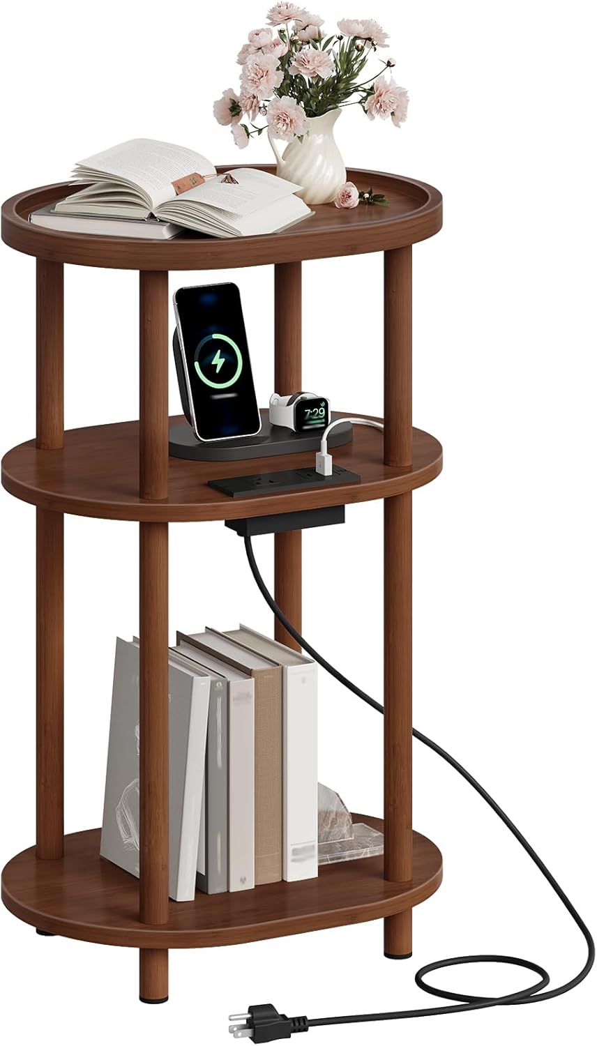 HOOBRO Small Side Table with Charging Station, 3-Tier Oval Bamboo End Table, Accent Table, Compact Sofa Bedside Table for Small Space, for Living Room, Bedroom, Apartment, Mocha MA177UBZ01