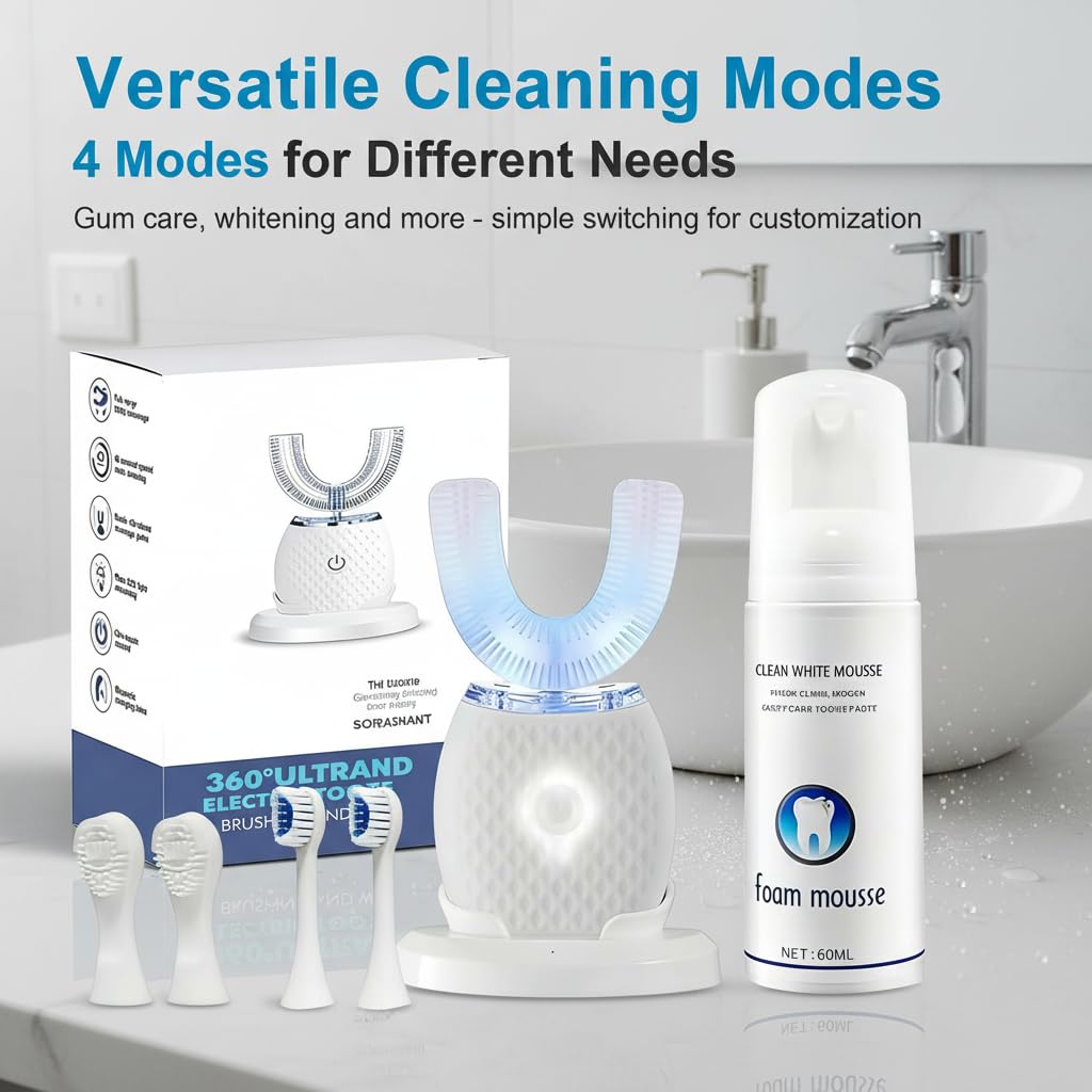 360° Ultrasonic U-Shaped Electric Toothbrush – Hands-Free Auto Cleaning with Foam Mousse, 4 Brush Heads, LED Light & Charging Base for Adults (White) - 2