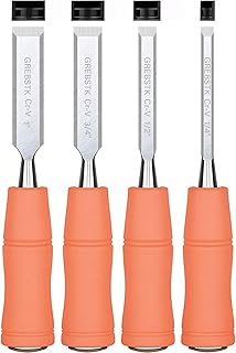 GREBSTK 4PCS Wood Chisel Set, Burr-Free CR-V Steel Beveled Blades, 25° Bevel Edge, Ergonomic Handle with Blade Guards for DIY & Woodworking (1/4", 1/2", 3/4", 1")