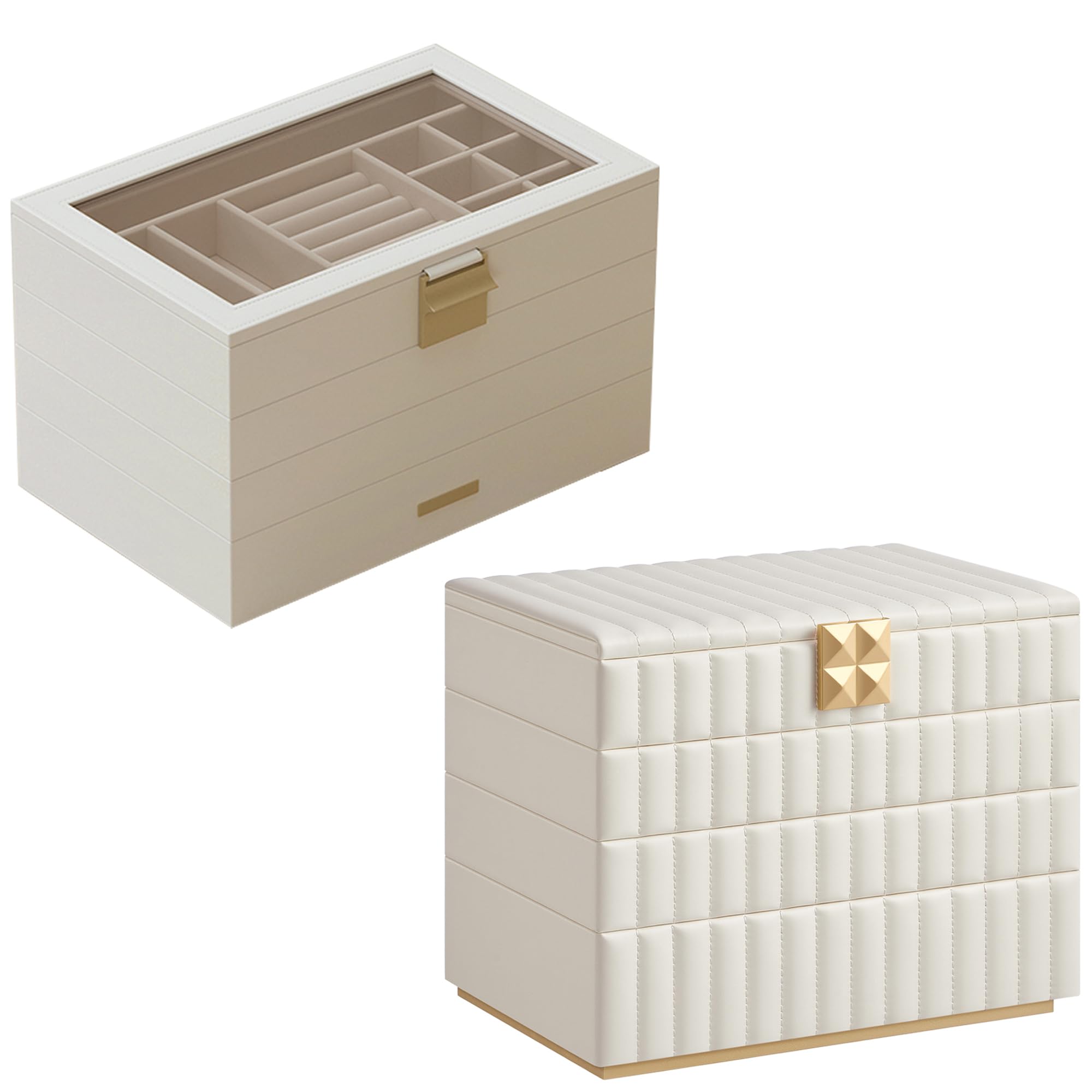 SONGMICS 4-Tier Jewelry Box with Glass Lid and 4-Tier Jewelry Organizer Bundle, with Drawers and Mirror, Removable Dividers, Floating Effect, for Vanity Table, Cloud White UJBC164W01 and UJB