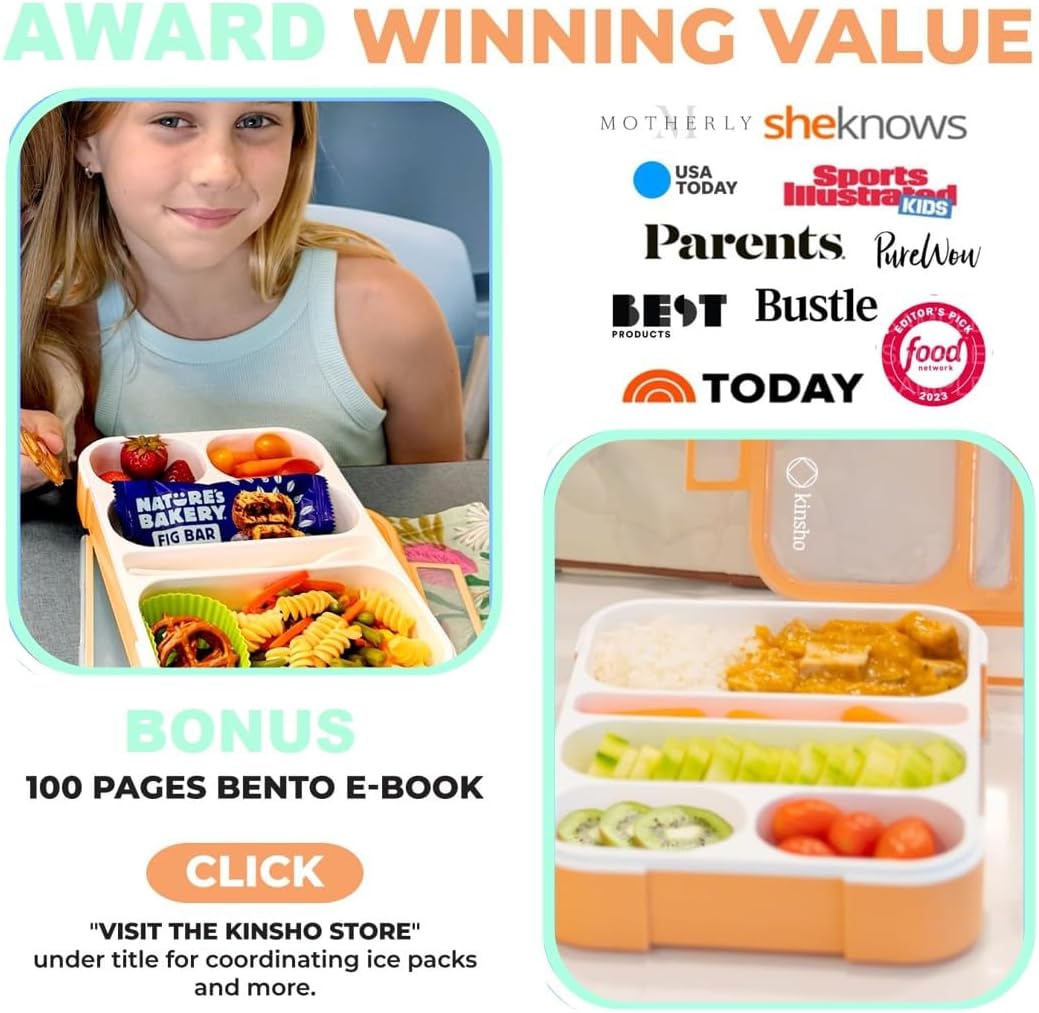 Kinsho Bento Box for Adults and Kids, Leakproof Lunch-Boxes with Custom Fit Spoon and Fork, Portion Control Container, BPA Free, Green + Orange, 5 Compartments, 2 Pack