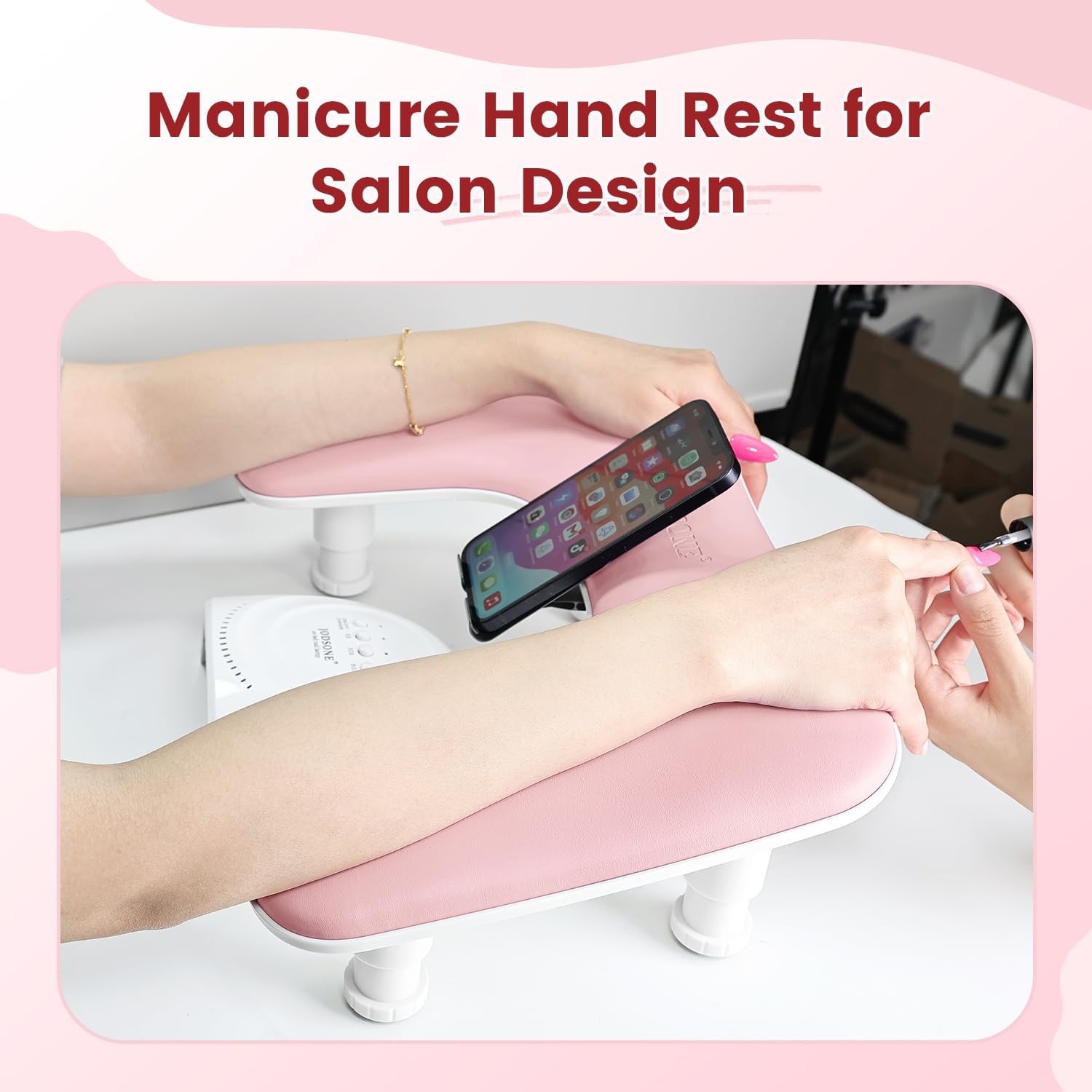 JODSONE Bracciolo rosa a forma di U per chiodo tecnico, con supporto per cellulare girevole a 360° integrato e bracciolo regolabile per manicure in salone
