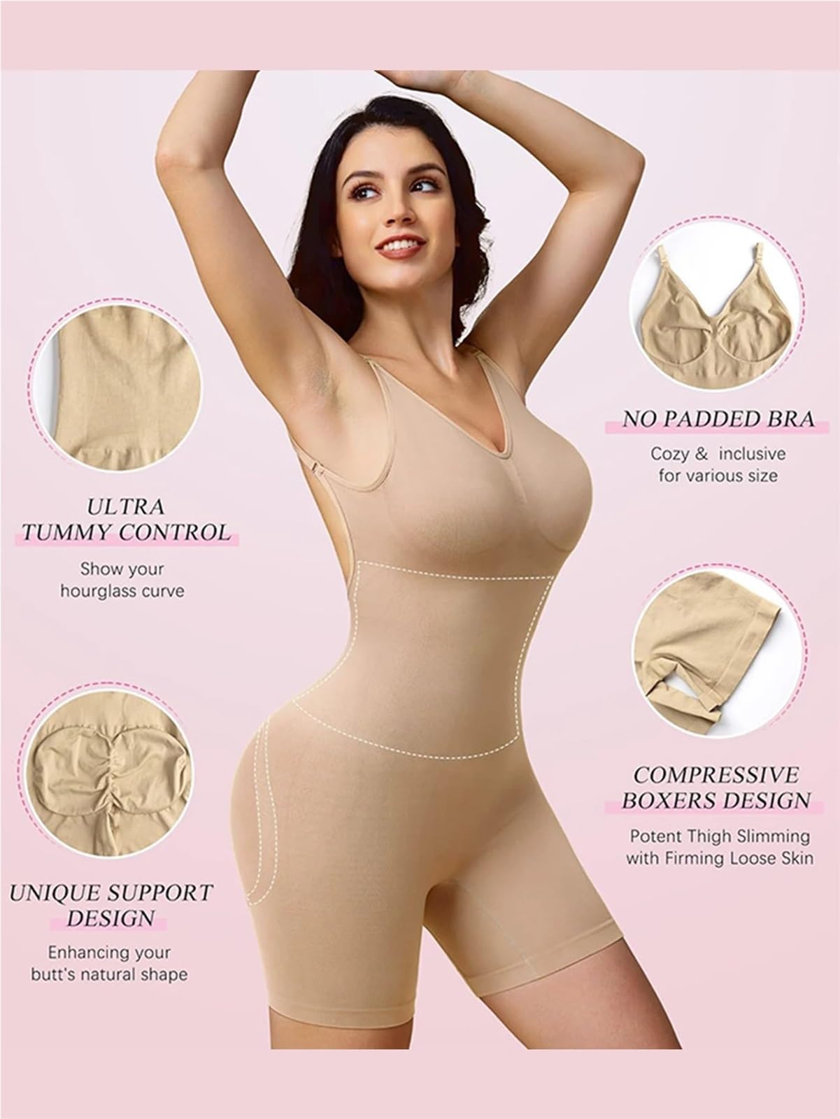 Body Contenitivo Modellante 1 Pezzo Body Shaper da Donna con Controllo della Pancia, Body Modellante Senza Cuciture a metà Coscia, Corsetto Schienale, Intero