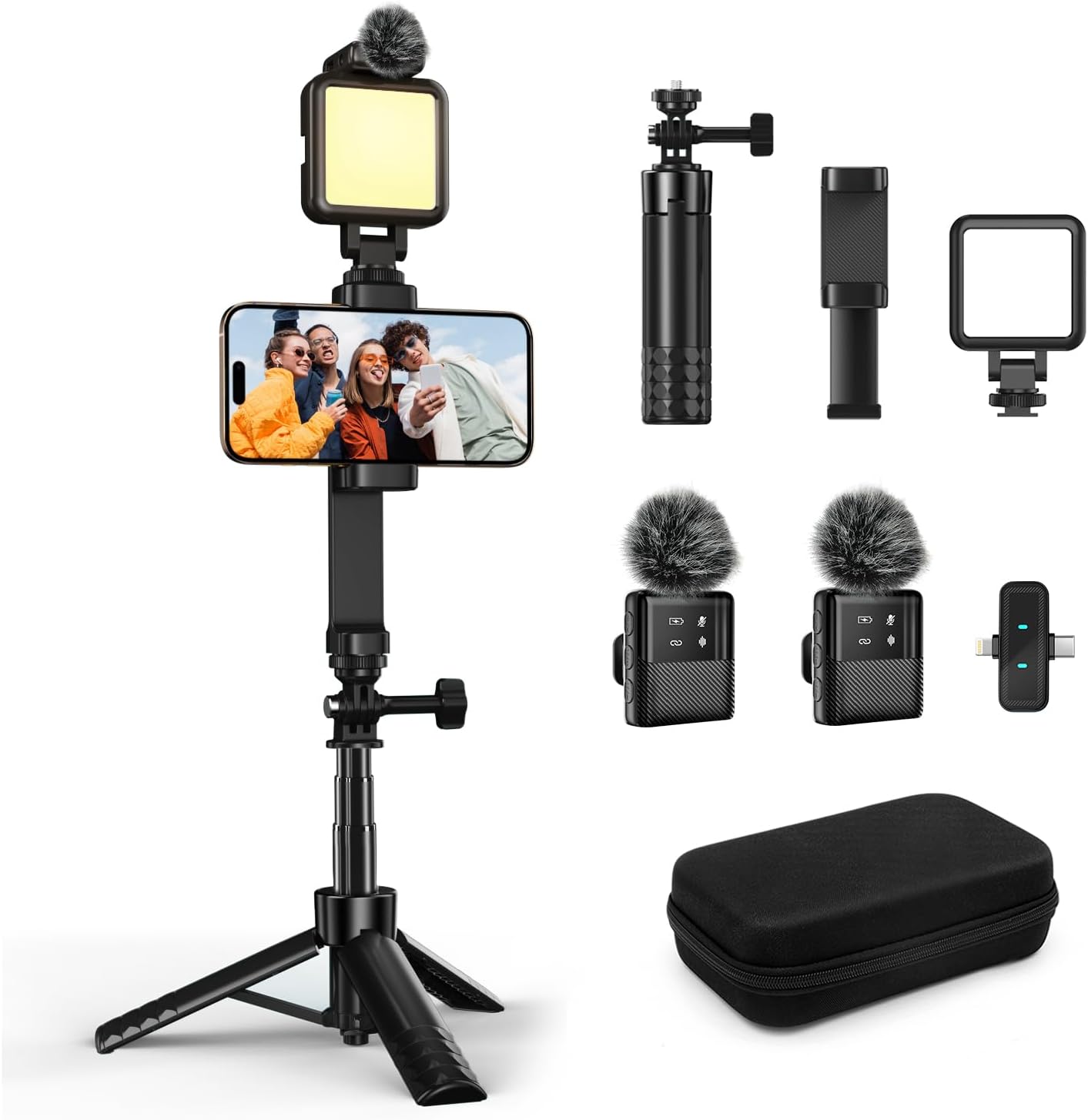 yAyusi Vlogging Kit for iPhone/Android,30.71" Selfie Stick Tripod with Light, Microphone & Storage Boxes, Content Creator Essentials Starter Kit for Interviews, Vlogs, TikTok, YouTube Video Recording