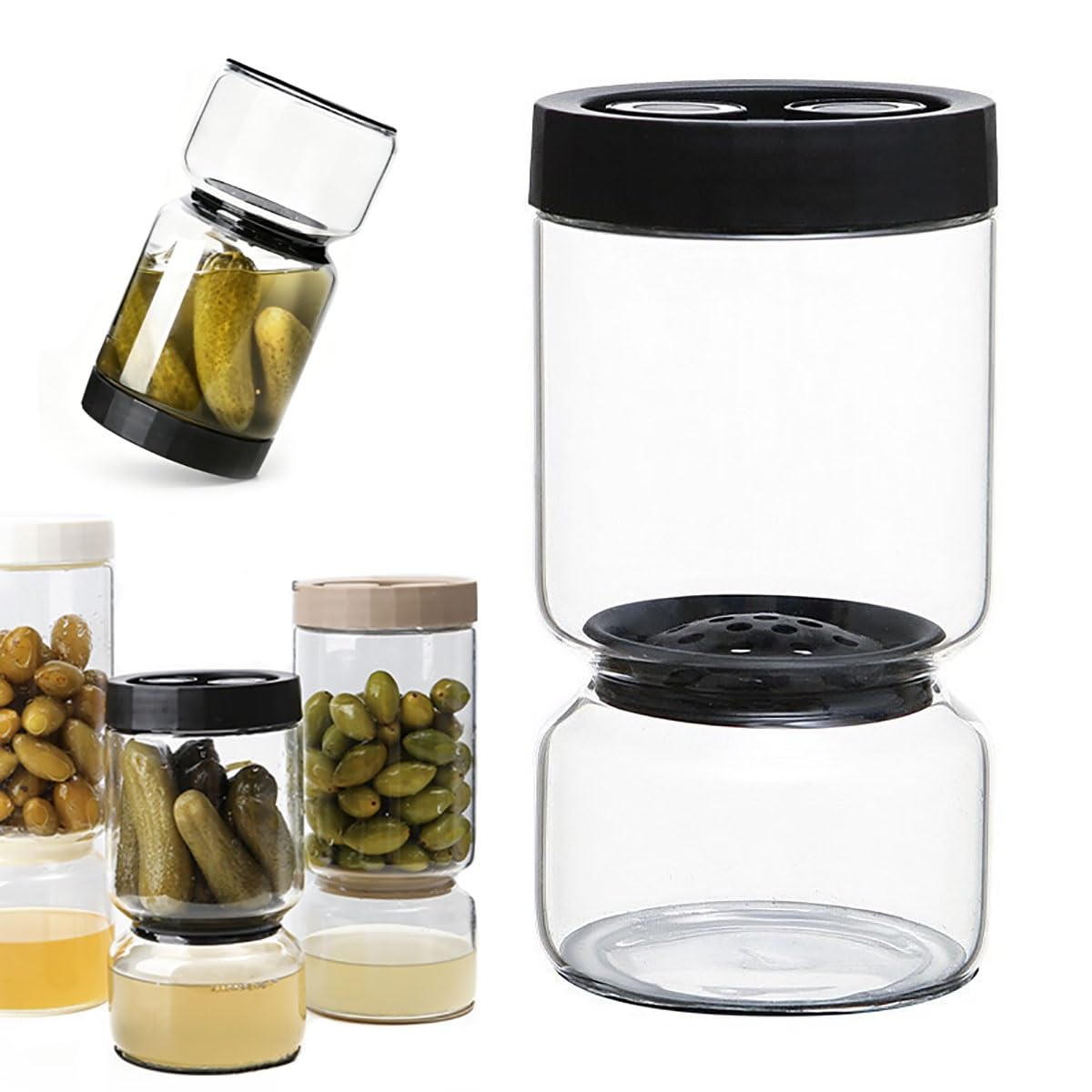IRCKONCI Pickles Flip Pickle Hourglass Jar, Pickle Container With Double Leak Proof, Olives Liquid Separator Jar, for Pickles, Tomatoes, Onions And Artichokes(Black)