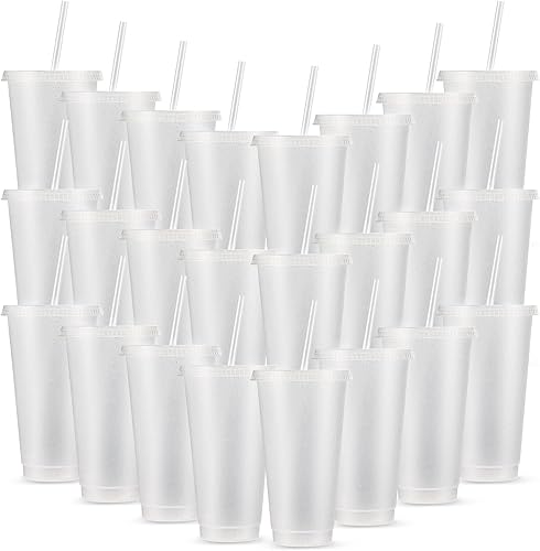 Miniatura 1 de Amyhill 24 vasos reutilizables con tapas y pajitas de 24 onzas con purpurina para café helado, taza de viaje de plástico para jugos de batidos,