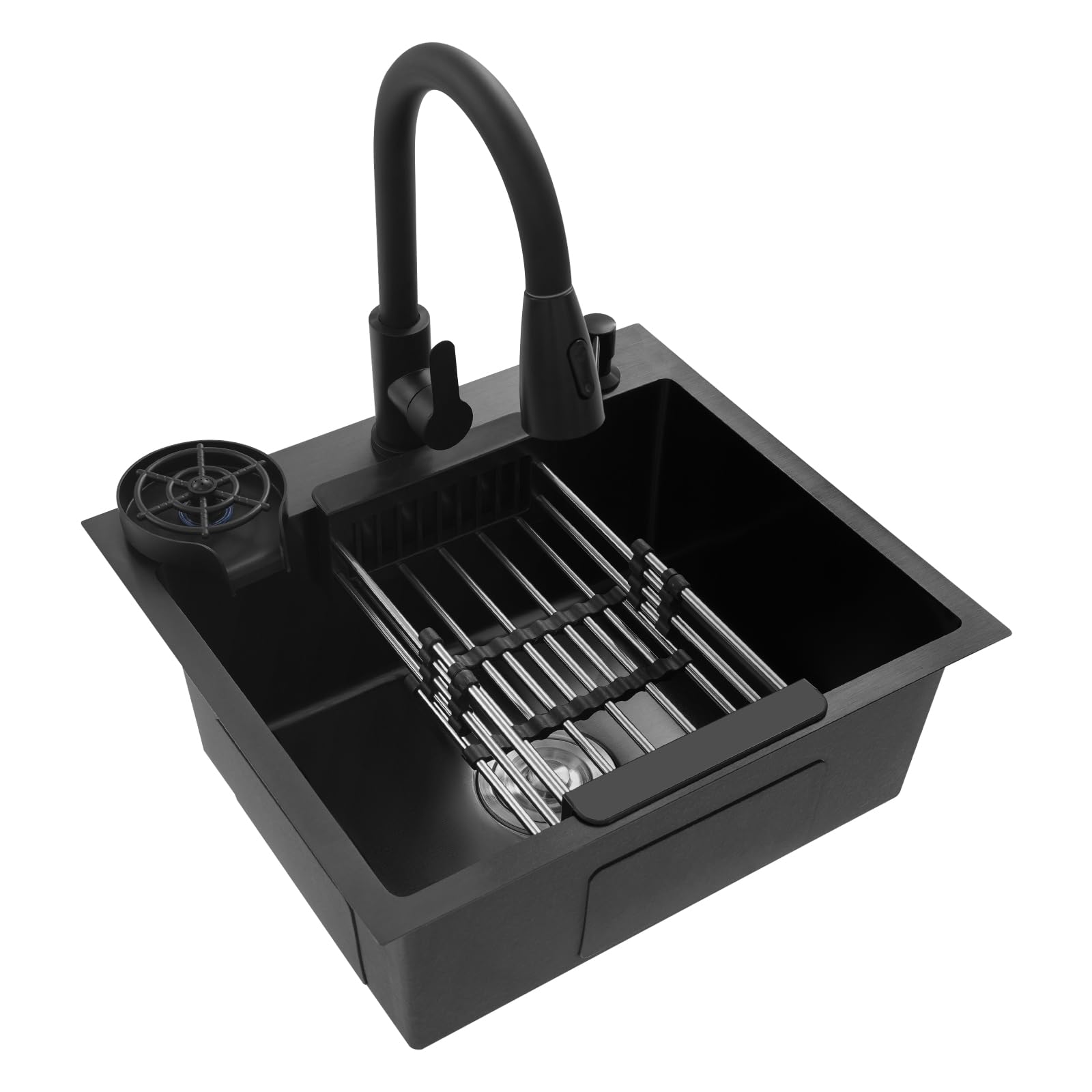 Évier de cuisine 45 x 50 cm, évier de cuisine en acier inoxydable, lavabo intégré, extensible à 360°, avec évier + panier de vidange + distributeur de savon pour évier de cuisine, plan de travail pour