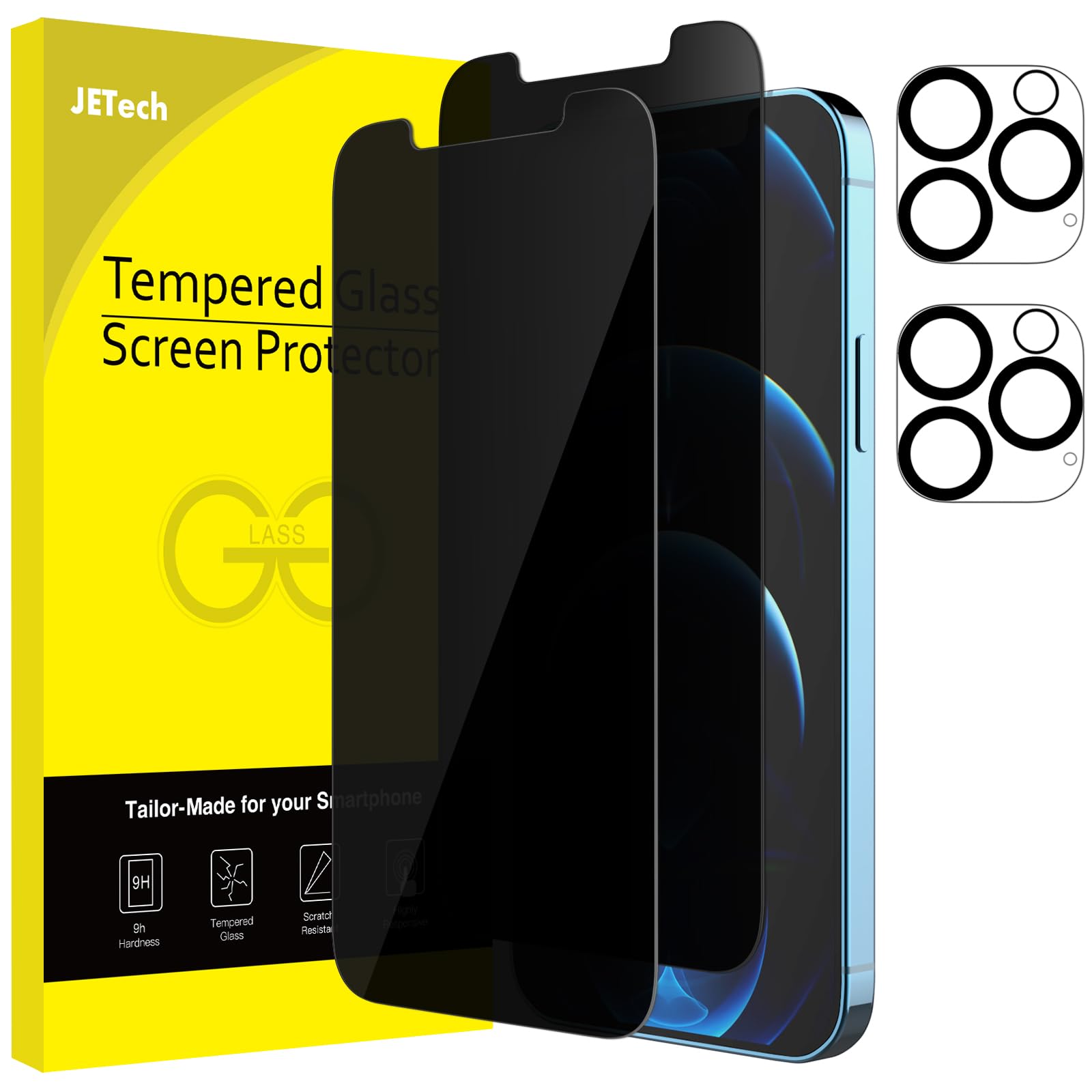 JETech Privacy Pellicola Protettiva per iPhone 12 Pro 6,1 Pollici con Protezione per Obiettivo della Fotocamera, Anti Spy in Vetro Temperato Film, Pacco da 2 Ciascuno