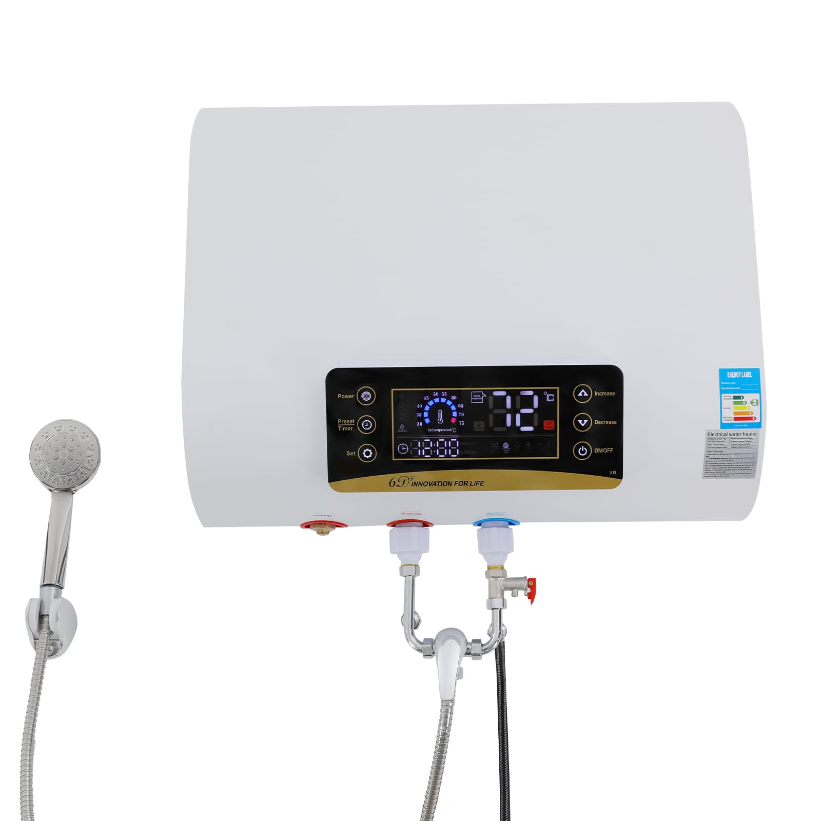 Serbatoio per acqua calda elettrica da 80 l, 220 V, scaldabagno a parete, con termostato, 30 – 75 °C, con unità doccia e dispositivo di protezione contro le perdite