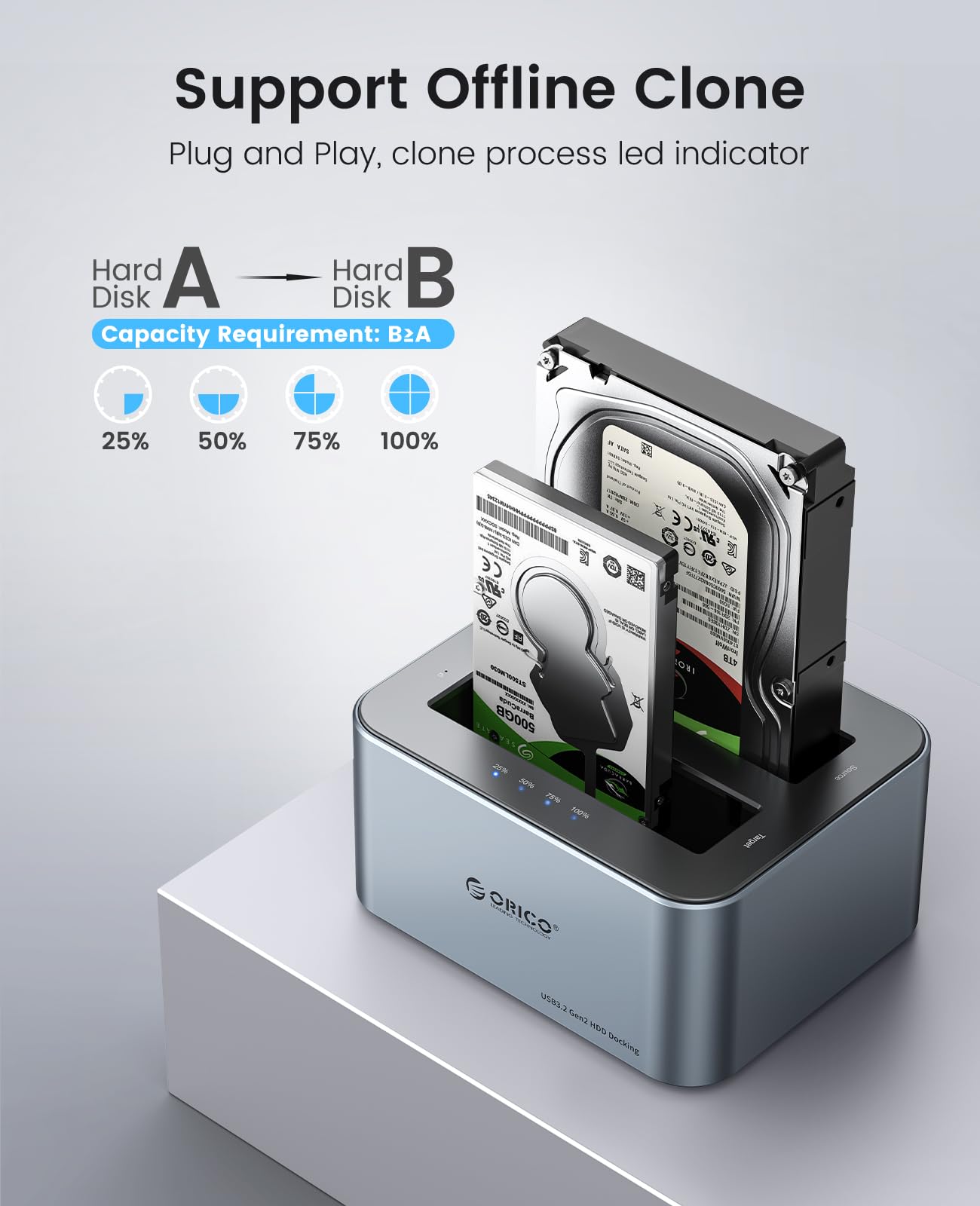 ORICO Station d'accueil double disque dur en aluminium USB 3.2 Gen 2 pour SATA 2,5/3,5" SSD/HDD 2 baies, bloc d'alimentation 12 V 3 A, prend en charge 2 x 18 To, sans outil (6626C3)