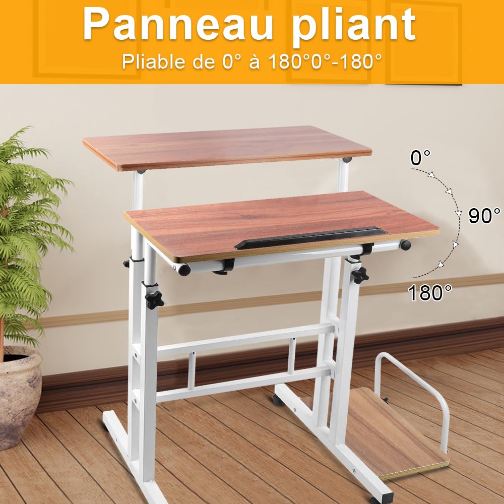 homewell Stehpult Schreibtisch mit 6 Rollen und Host-Tablett, Steh-Sitz Bürotisch, Tisch Computertisch Höhenverstellbar, PC Tisch Klein für Home Office, (60+22) x 60cm