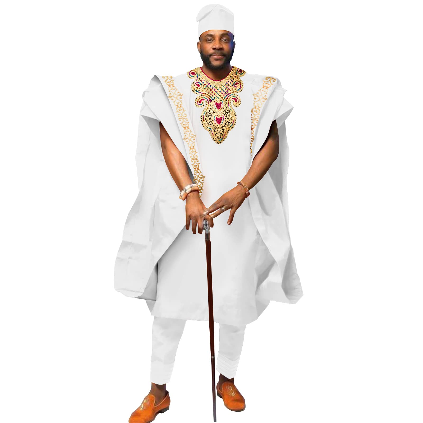 Africa-Pride Men's White African `S Clothing Embroidery Agbada Shirts Pants And Hats 4 Piece Set Garts For Wedding Evening, M