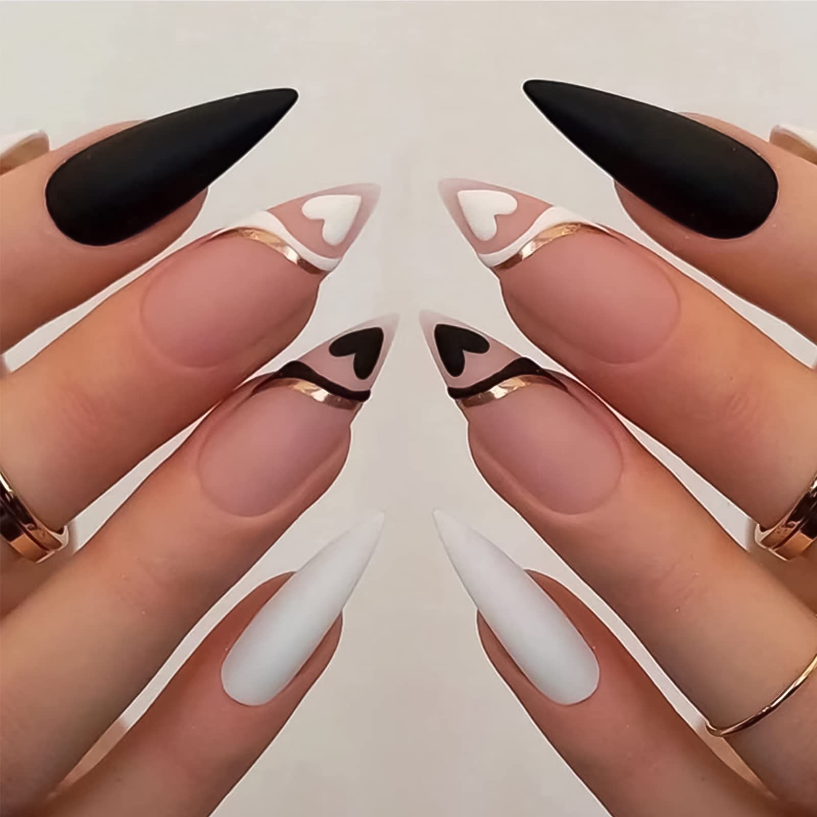 RODAKYFrench Press on Nails with Black White Heart Design Medium Almond Fake Nails Glossy Cute Pink False Nails Tips Glossy Ballerina Nails Artificial Stick on Nails for Women and Girls 24PCS