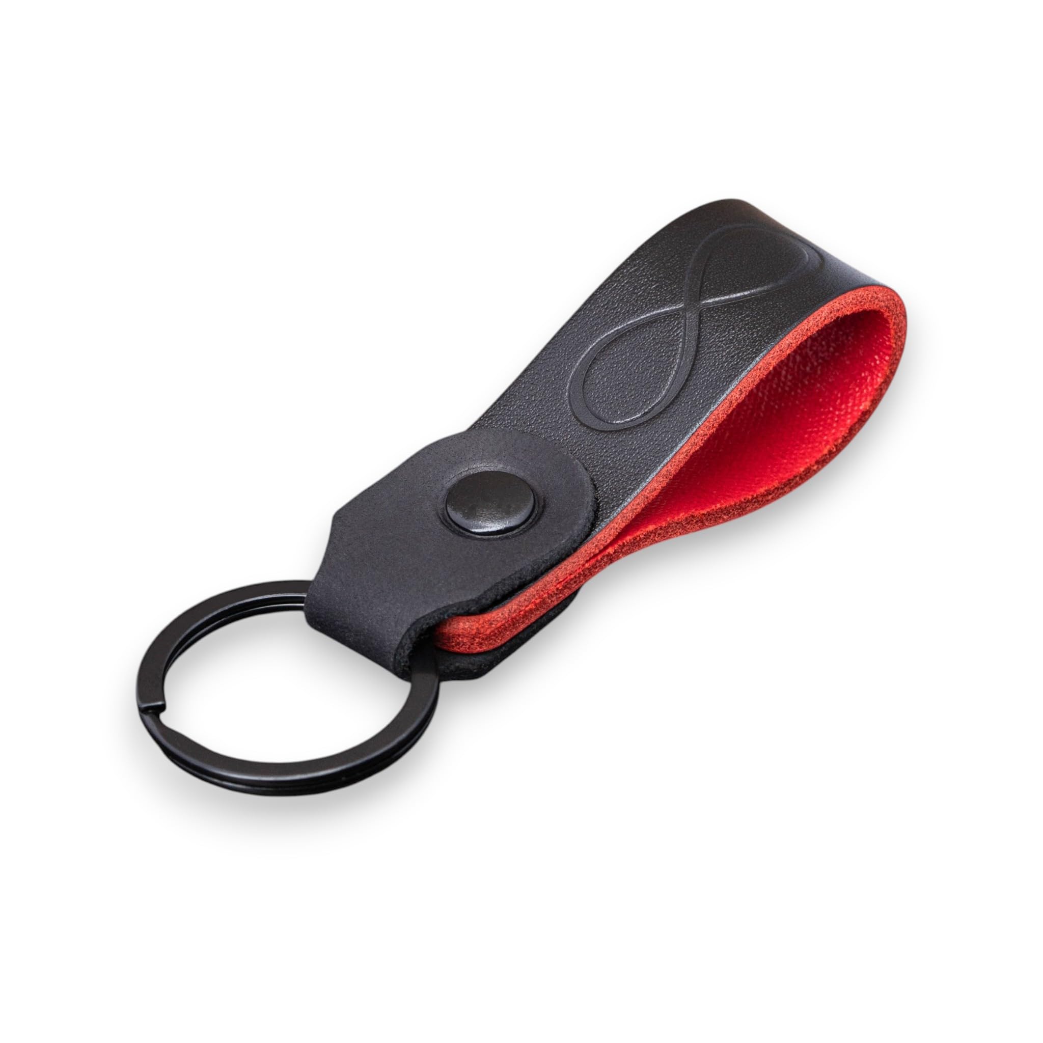 MAGOR Compact Leather Keyring for Men & Women, Personalised Black Full Grain Leather Keychain with Red Interior and Crazy Horse Leather Accent,Hot Embossed Design,Gift for Him Her Mum Dad (Infinity)