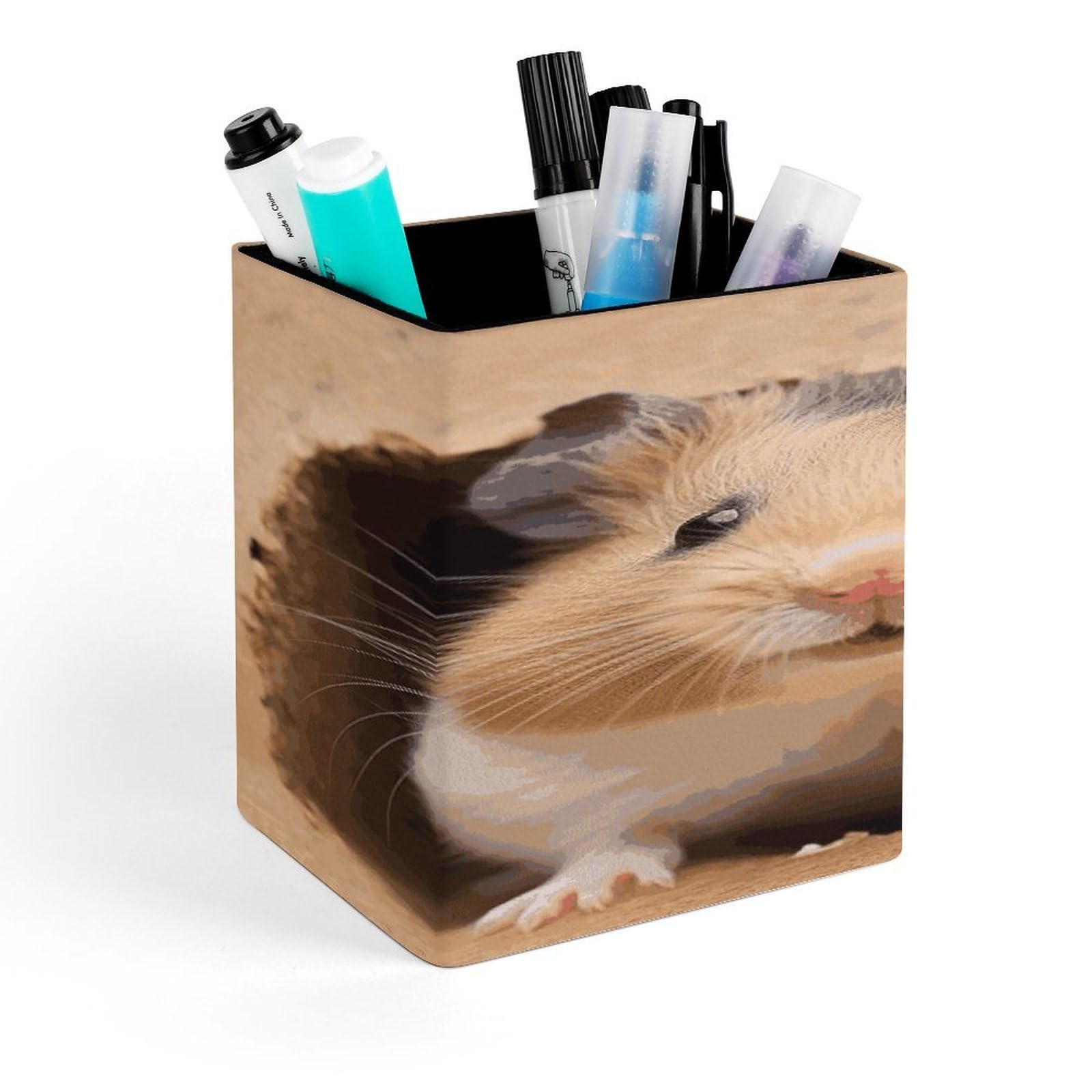 JTREHY Funny Hamste Pen Holder Square Pen Pencil Holder Makeup Brush Holders Cup PU Leather Pencil Cups Desktop Caddy Stationery Organizer Case Office Accessories Container Box