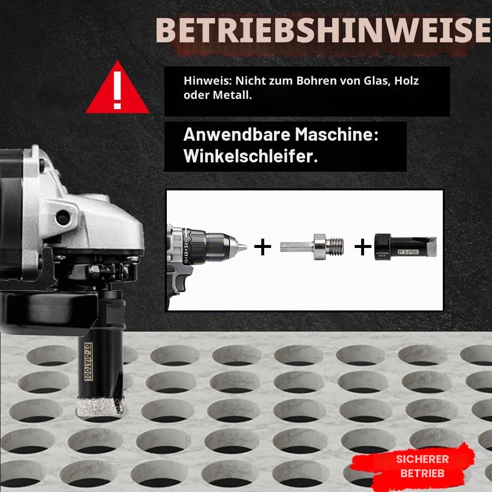 DT-DIATOOL Diamant-Fliesenbohrer 12-teilig M14 6/6/8/20/25/35/50/68/110mm+20mm Finger-Fräser+50mm Fase-Fächerfräser+ Adapter für Porzellan-Fliesen Marmor Granit