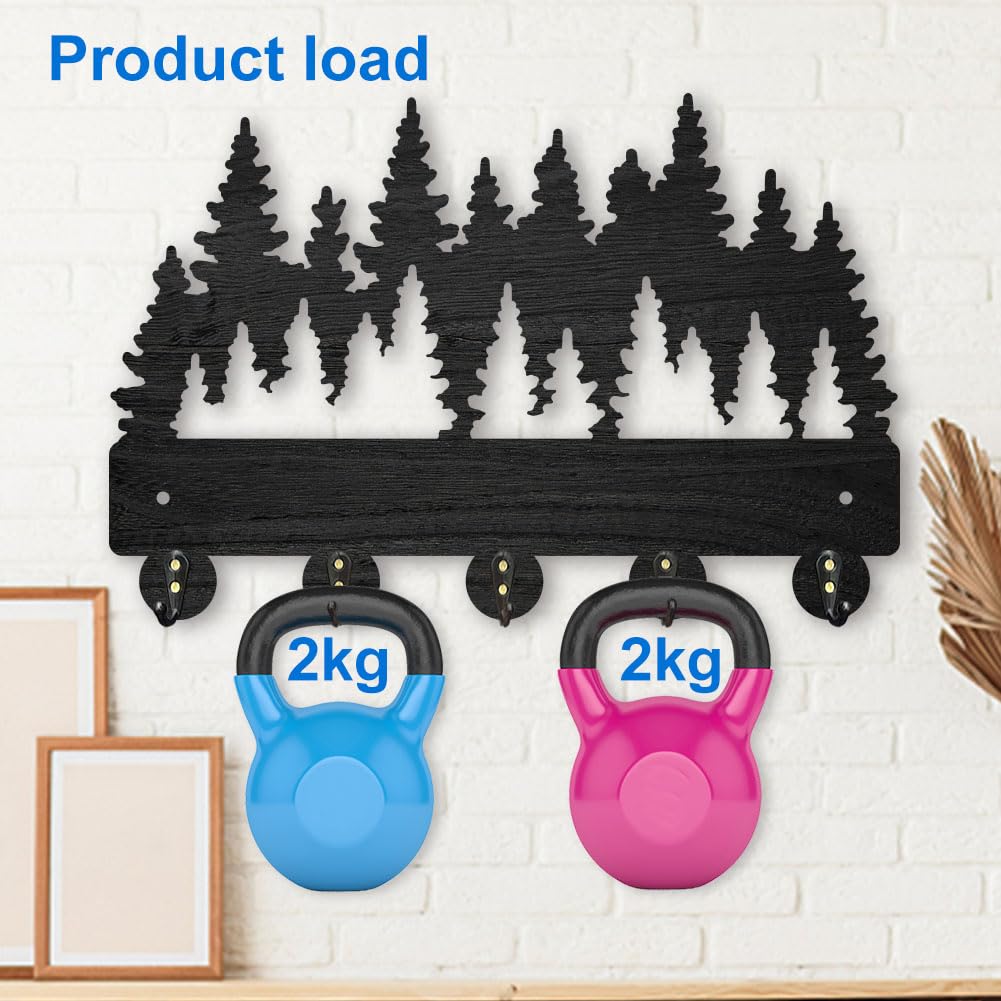 MAYJOYDIY Perchero de pared de 30 x 20 cm, madera densa, árbol de bosque, decoración de pared, soporte para llaves para pared, 5 ganchos de aleación, gancho negro, gancho de pared para sombrero,