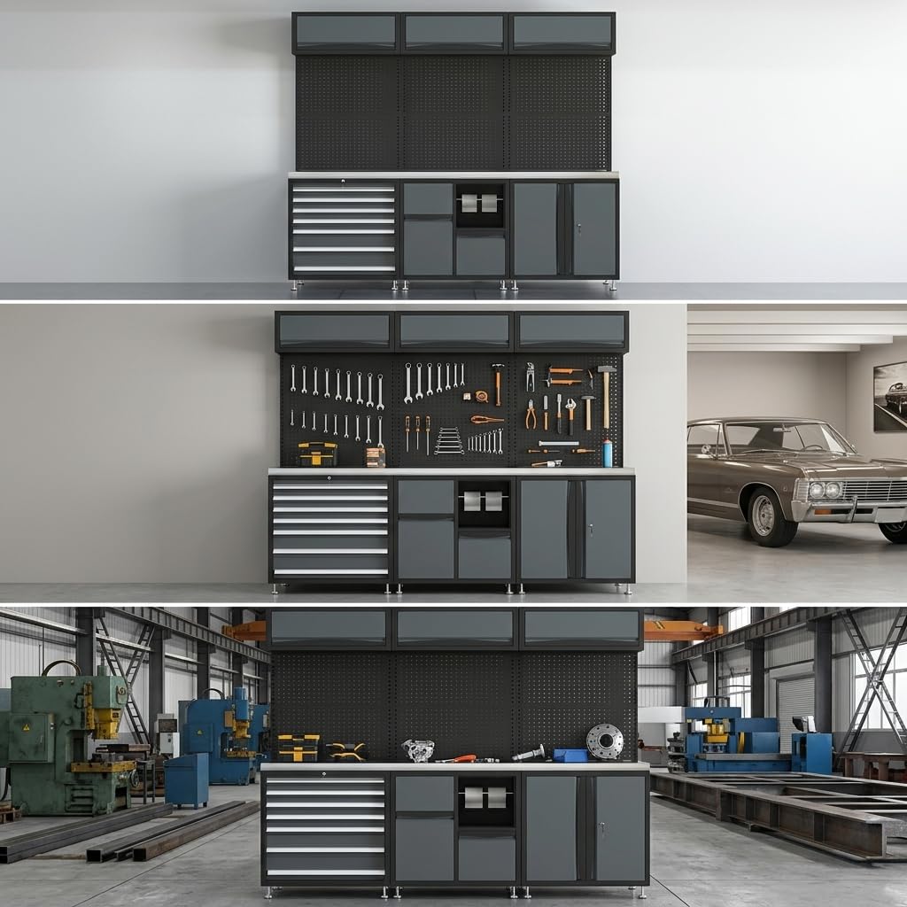 Werkstattschrank Metall, Werkbank mit Schubladen, Werkstatteinrichtung Komplettset, Garagenschrank Aufbewahrung, Kombinationsschrank-06