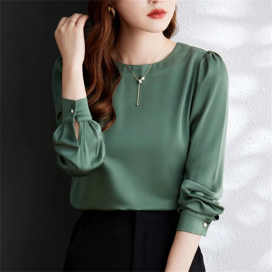 Blusa de satén de manga larga con cuello redondo para mujer, para oficina, trabajo, ropa