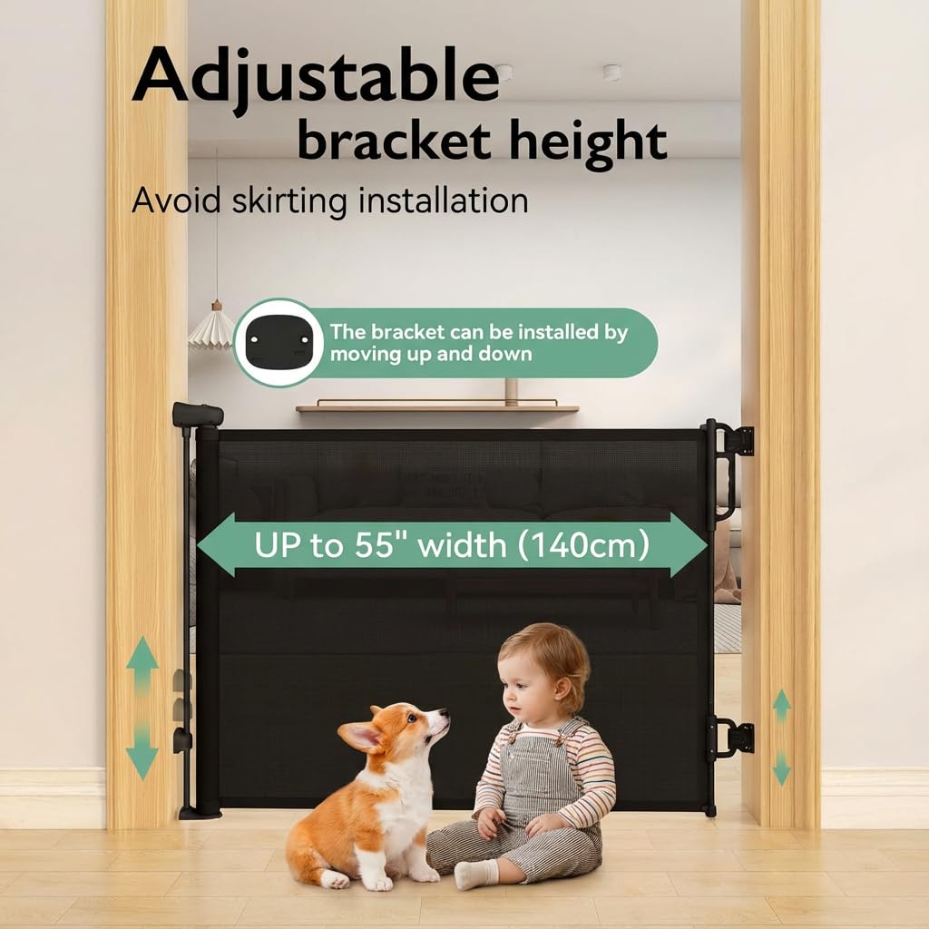 Reinforced 55“ Wide Retractable Baby Gates, No Drilling Design, Indoor/Outdoor Retractable Dog Gate for Doorway Prevent Bottom Drilling Through, Safety Mesh Baby Gate for Stair - 3