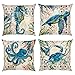 Bonhause Lot de 4 Housse de Coussin 45 x 45 cm Tortue de Mer Océan Hippocampe Poulpe Crabe Corail Polyester Lin Décoratif Taie d'oreiller pour Canapé Lits Chaises Voiture Salon Maison Décor
