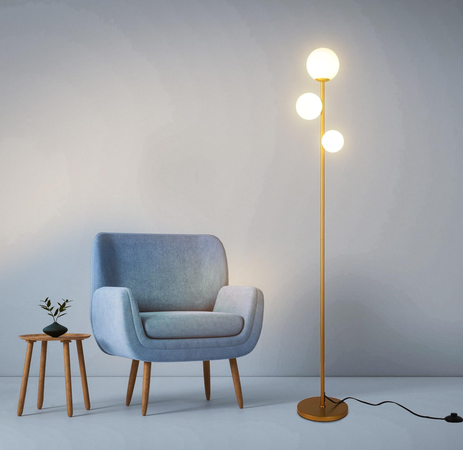 Fiqevs 3 Globe Mid Century Modern Floor Lamp for Living Room, Contemporary Gold Floor Lamp with Frosted Glass Shade and Bulbs Included, Vintage Standing Tall Lamp for Bedrooms, Office - Antique Brass