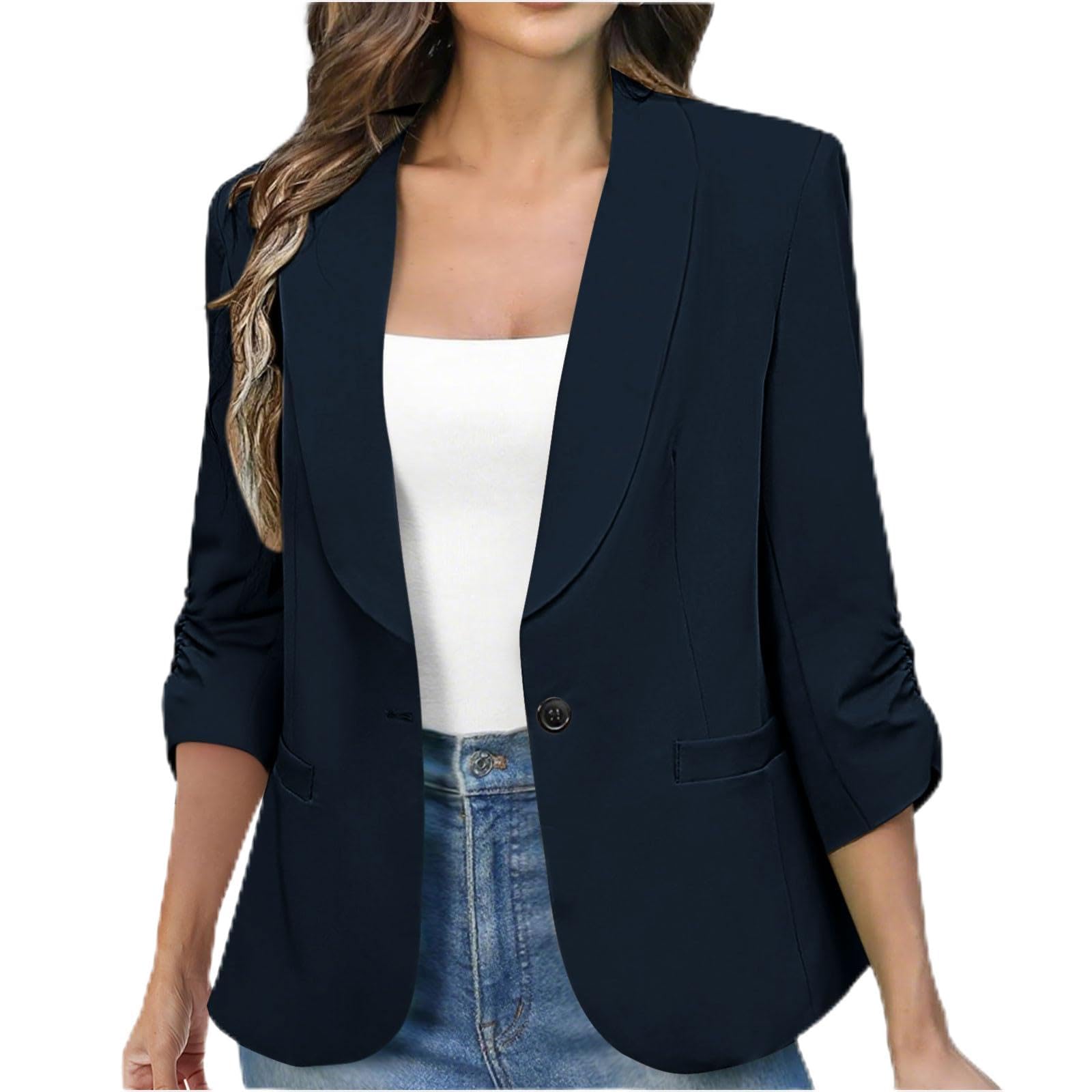 Womens Ruched 3 4 Sleeve Blazers Lightweight Slim Fit Blazer Jackets Clothes with Padded Shoulder for Business Casual