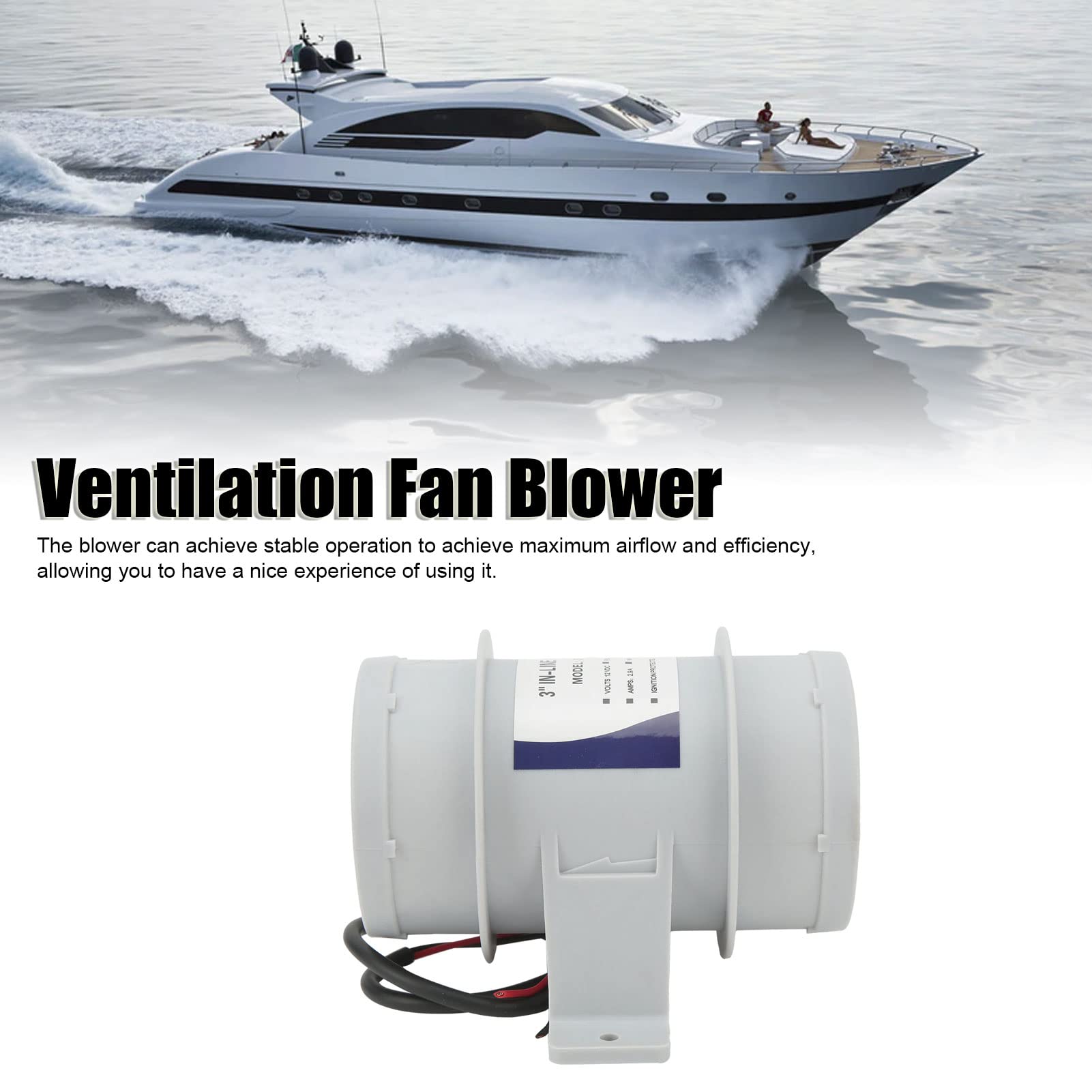 Tissting 3 Pouces Inline Blower 12V 4a DC Marine Cale Air Blower Ventilation Ventilateur Haute Efficacité Stable Performance Plastique Inline Blower pour Yacht Boat RV