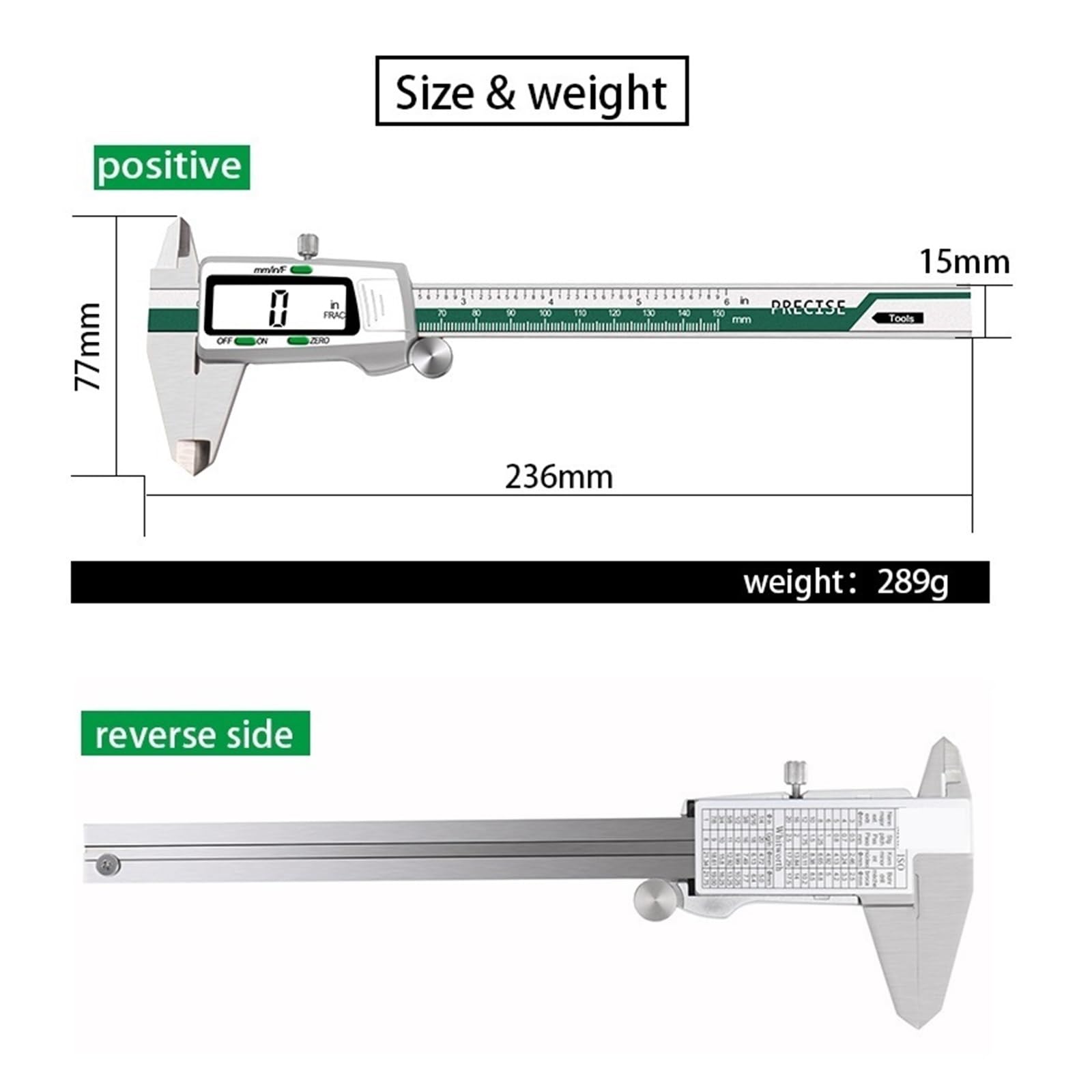 Calibrador digital ET50 de 150 mm, acero inoxidable, fracciones/mm/pulgadas, precisión de 0,01 mm for la medición de componentes mecánicos.