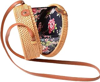 oAutoSjy Bolsa de vime redonda para mulheres, bolsa de tecido feminina, bolsa de ombro redonda feita à mão, bolsa de vime feita à mão para viagem à beira-mar férias piquenique foto