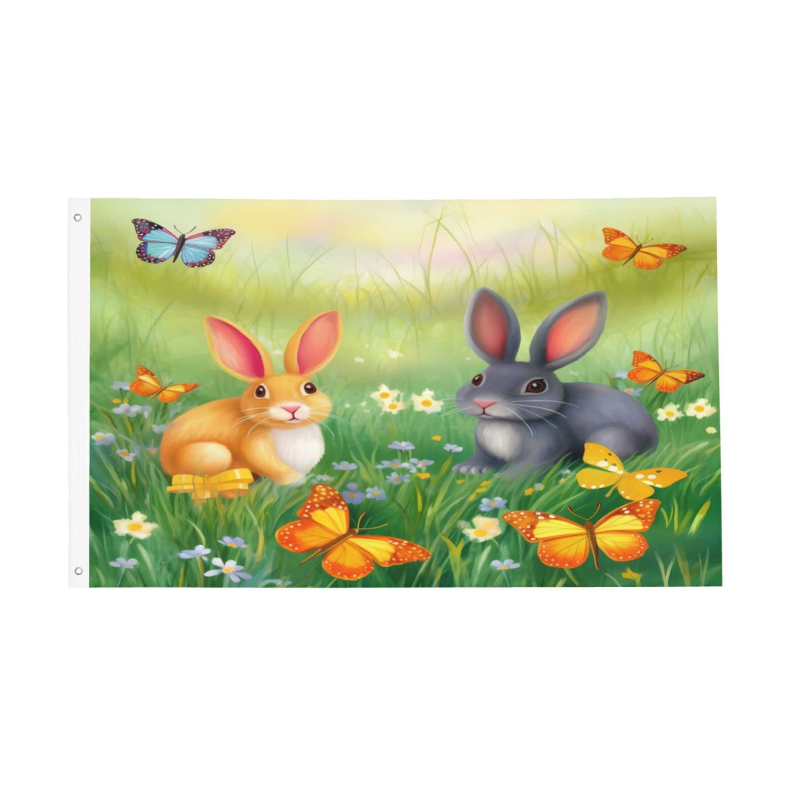 Easter Rabbit Bunny Eggs 3x5 Foot Yard House Flags Double Side, Spring Flower Season Greeting Banner with Grommets Indoor Outdoor Party Home Decorations