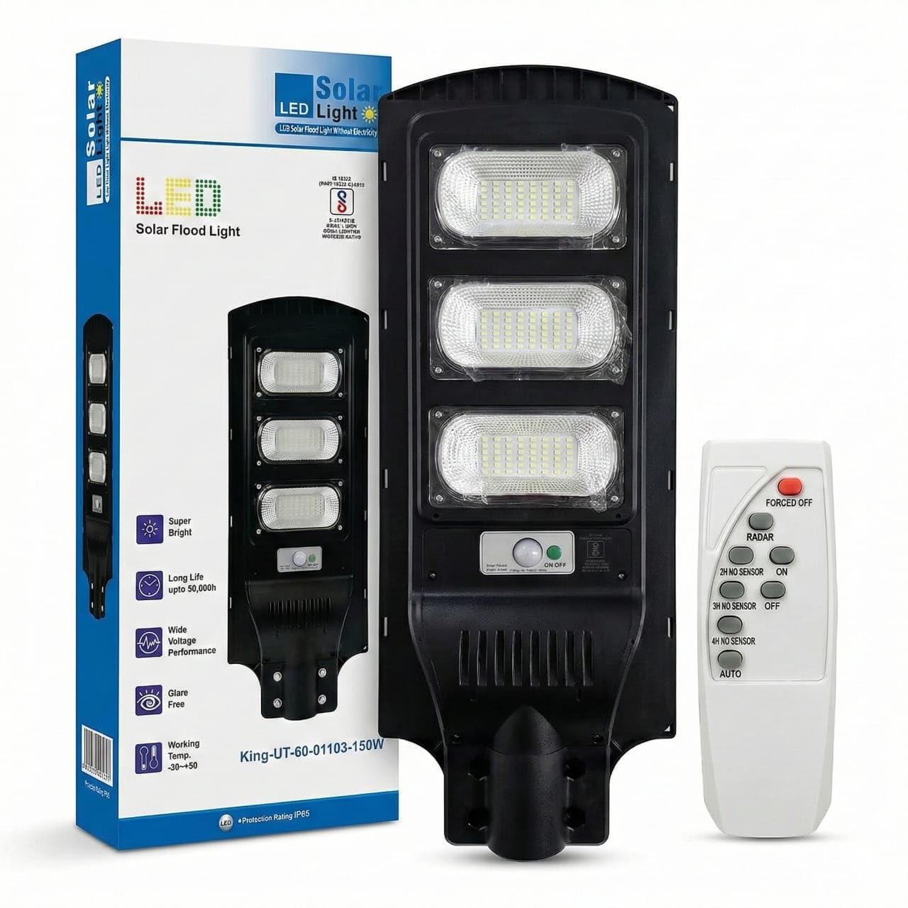 SCUBE 150W Solar Street Light with Remote | 180 SMD 2835 LEDs | 6V 15W Solar Panel | 10000mAh LiFePO4 Battery | 110 LM/W | PIR Motion Sensor | IP65 Outdoor Light-image-1