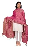 Fashtastic Women's & Girls Golden Zari Jacquard Banarsi Silk Dupatta (Tassels are Made by Hand) (Rani Pink)