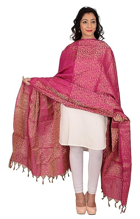 Women's & Girls Golden Zari Jacquard Banarsi Silk Dupatta (Tassels are Made by Hand)
