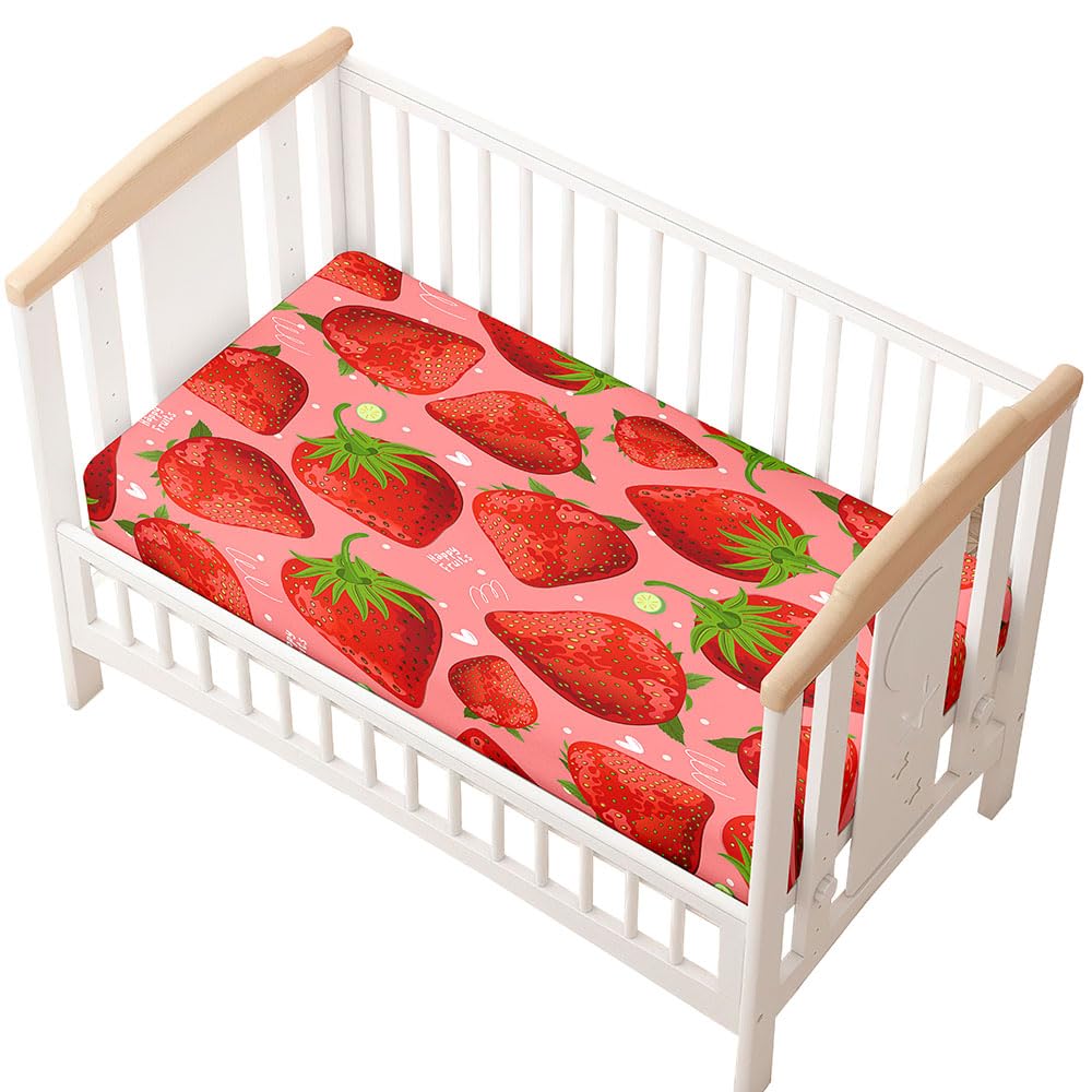 Odot Cot Bed Sheets, Strawberry Print Bedside Cribs Fitted Sheets, Baby Bed Sheets Microfiber Cot Bed Mattress Protector, Bassinet Sheets, Easy Care Soft and Dureable (40x90 cm,red)