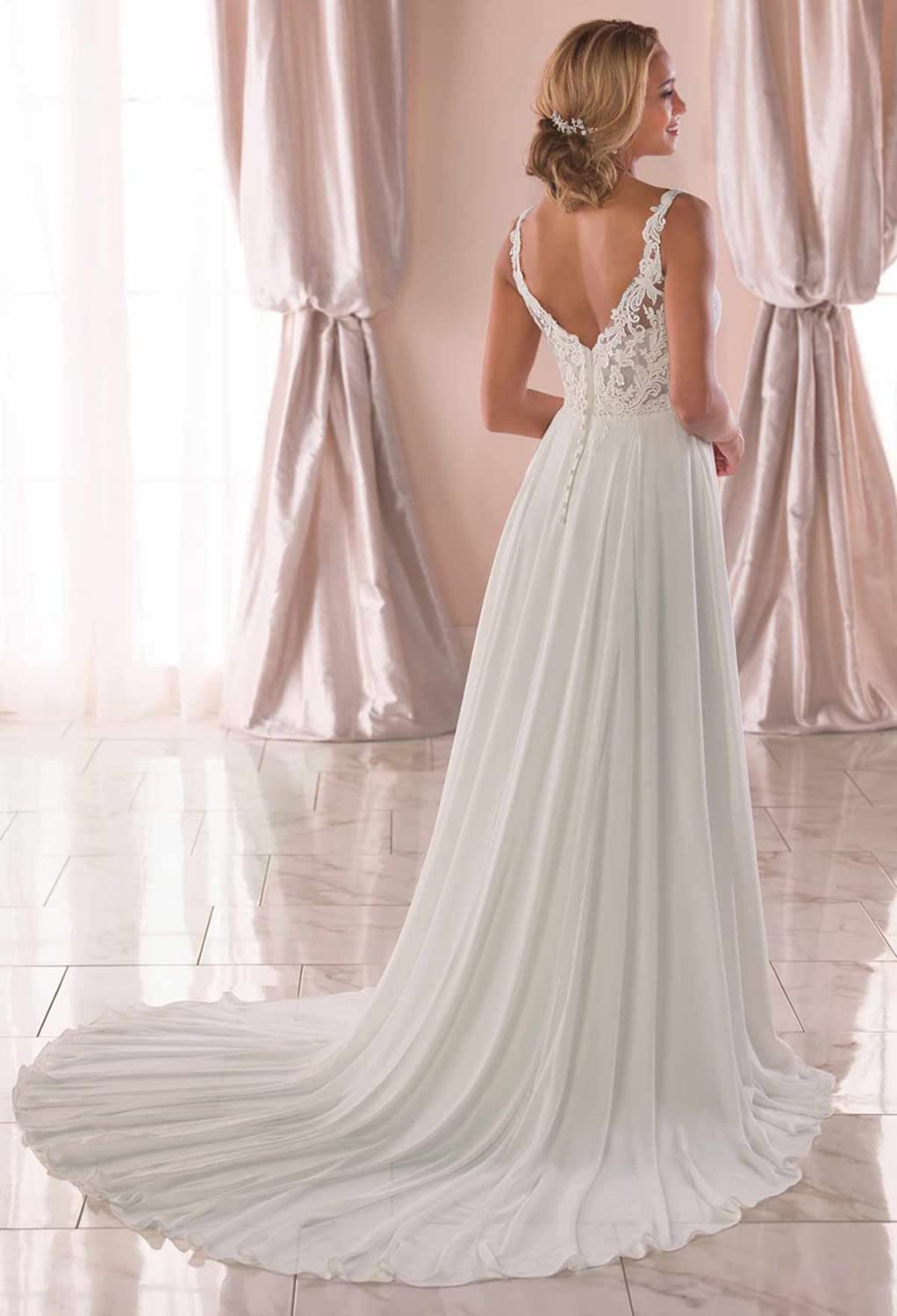 Spitze Hochzeitskleid Brautkleider A line Lang V-Ausschnitt Tüll Standesamt Brautmode Brautkleider