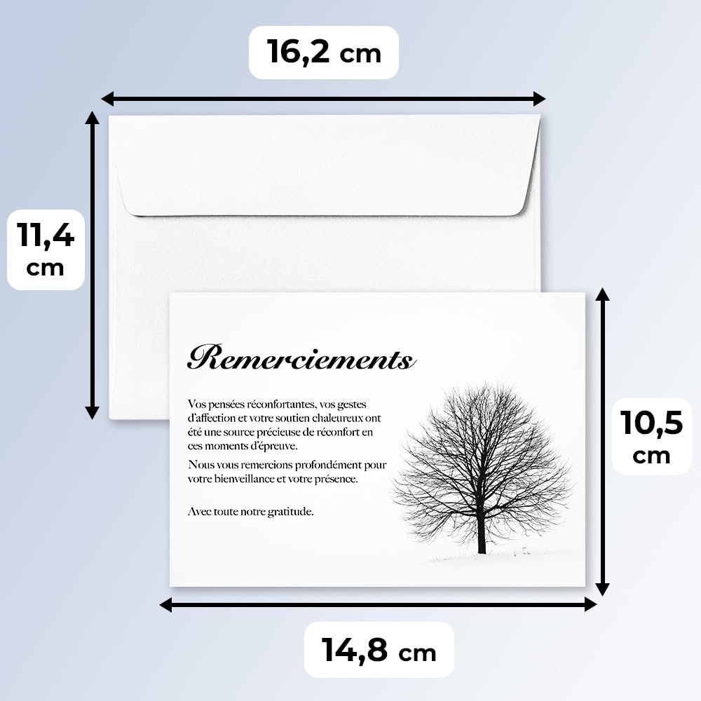 UTTSCHEID Lot de 50 Cartes Remerciement Deuil A6 (10,5 x 14,8 cm) avec Enveloppes Arbre d’hiver