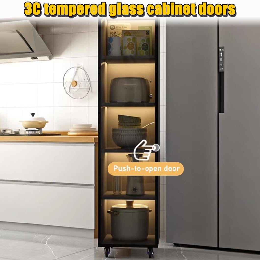 Carrello portaoggetti sottile con ante in vetro temperato, 3 ripiani, per cucina e bagno, con ruote, bianco e nero, 30 x 40 x 103 cm